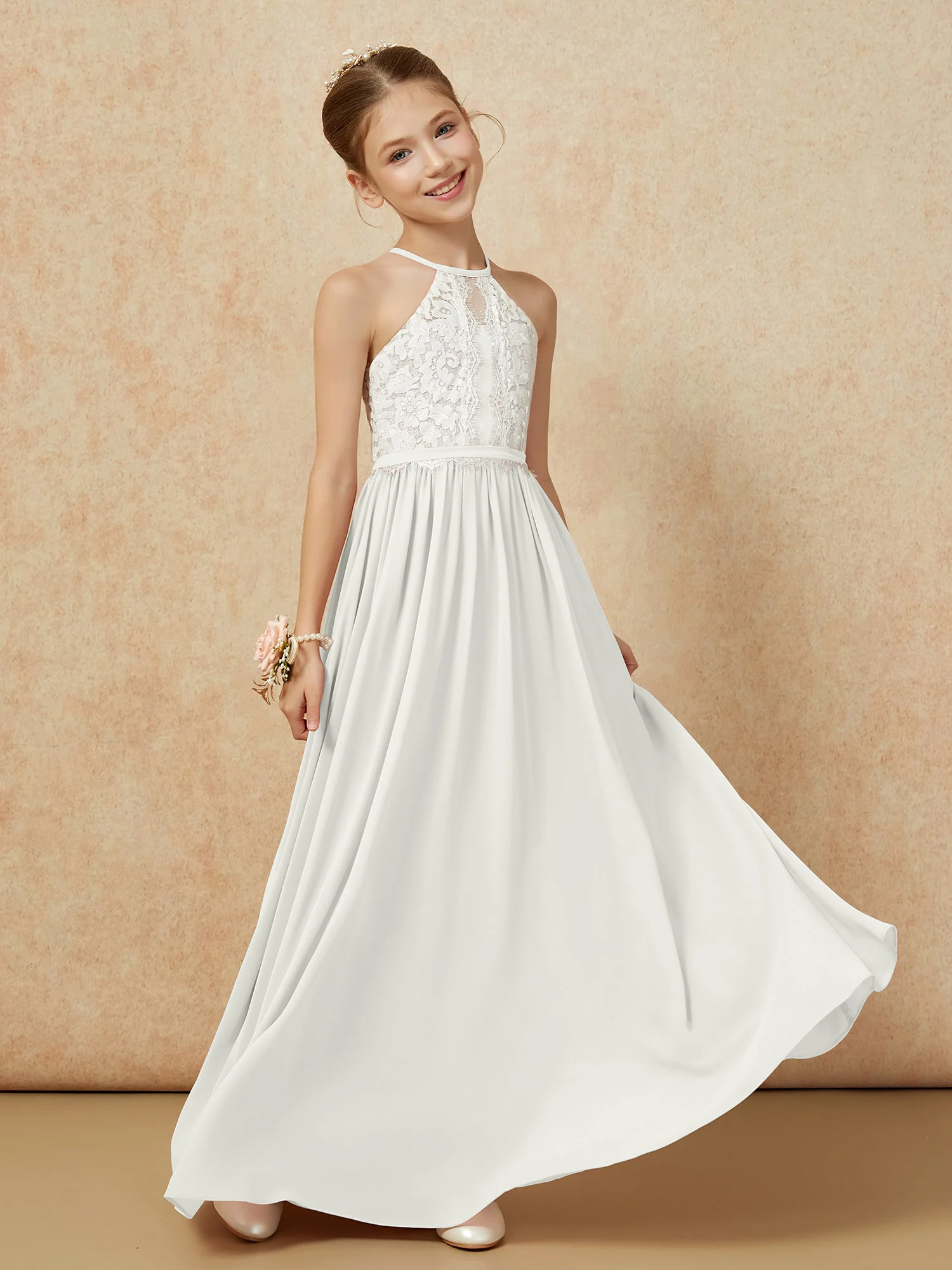 Lace Top Sleeveless Pleated Long Junior Bridesmaid Dress Ivory - Image 3