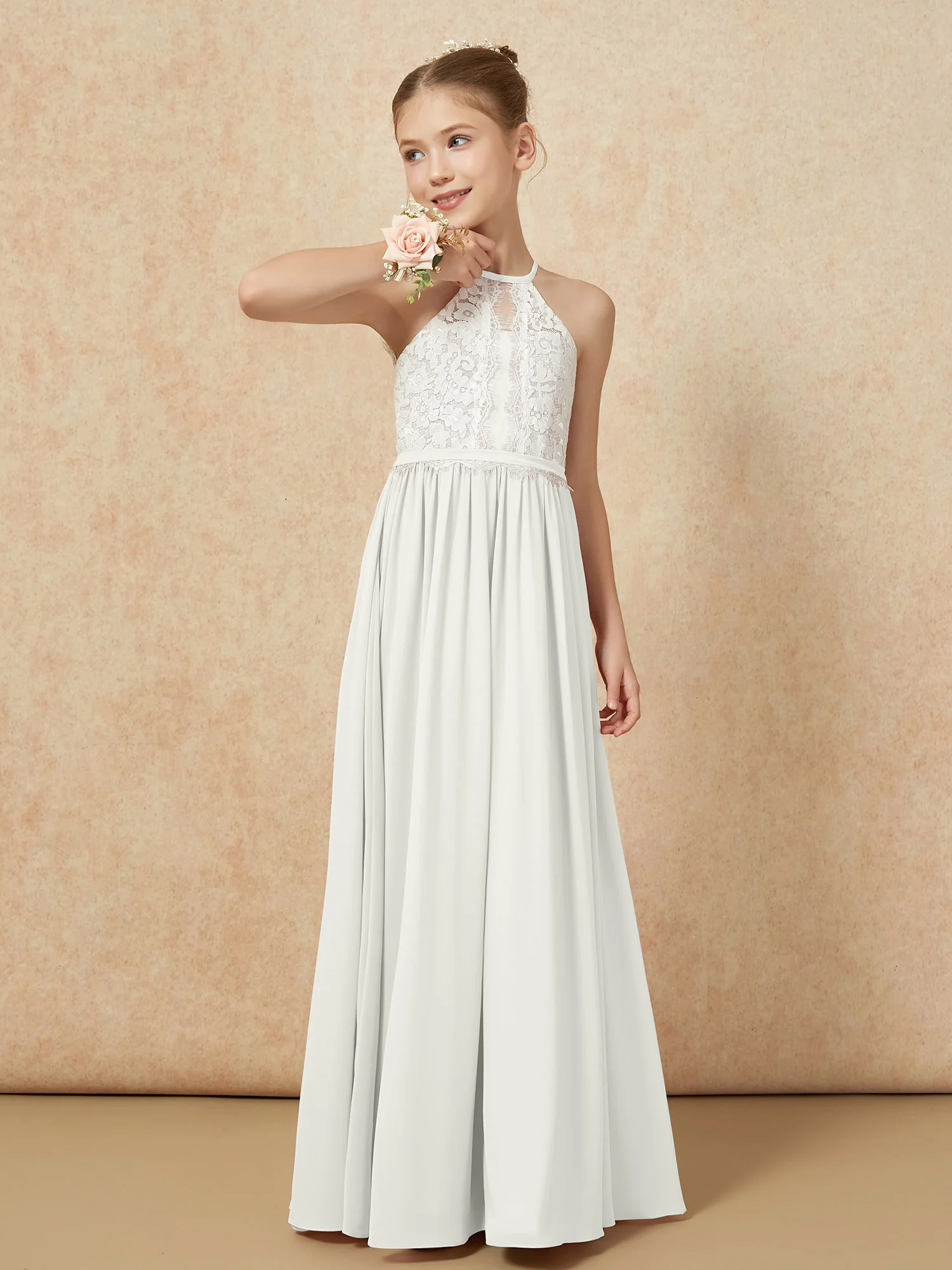 Lace Top Sleeveless Pleated Long Junior Bridesmaid Dress Ivory - Image 4