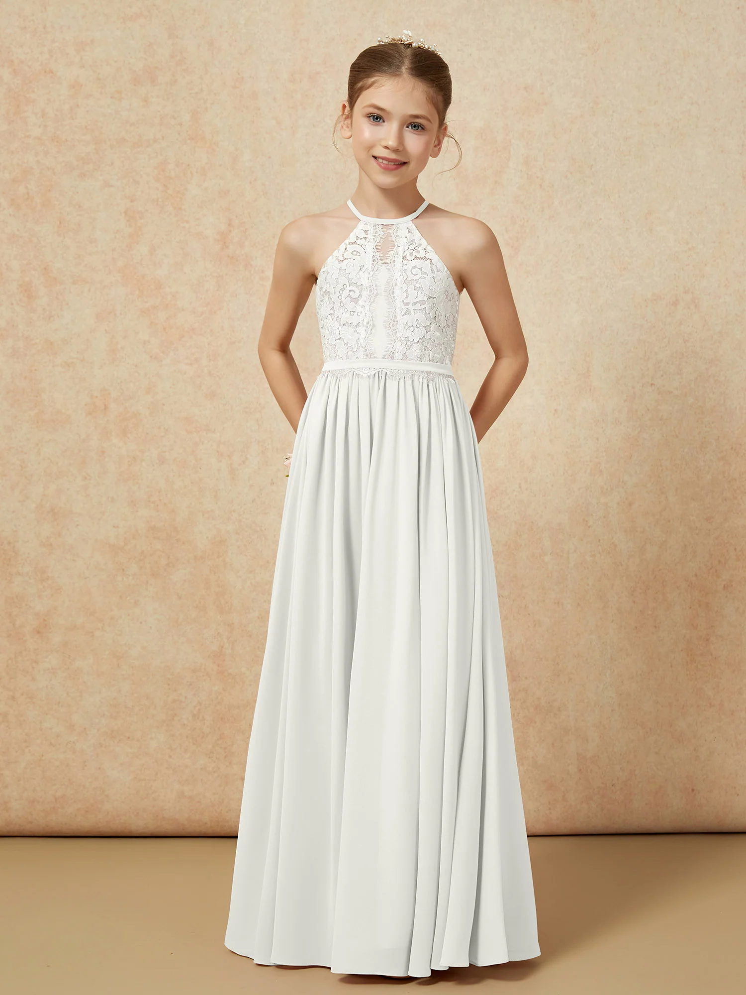 Lace Top Sleeveless Pleated Long Junior Bridesmaid Dress Ivory - Image 5
