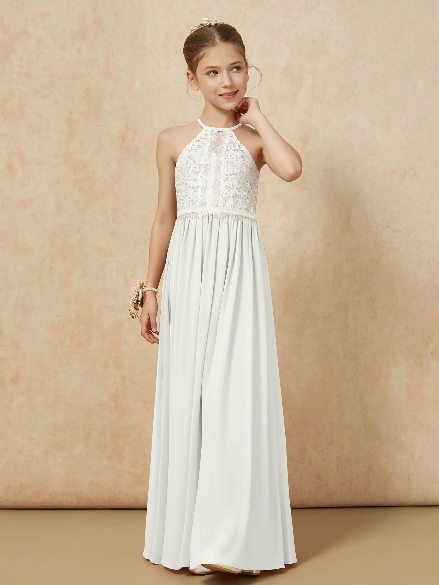 Lace Top Sleeveless Pleated Long Junior Bridesmaid Dress Ivory - Image 6