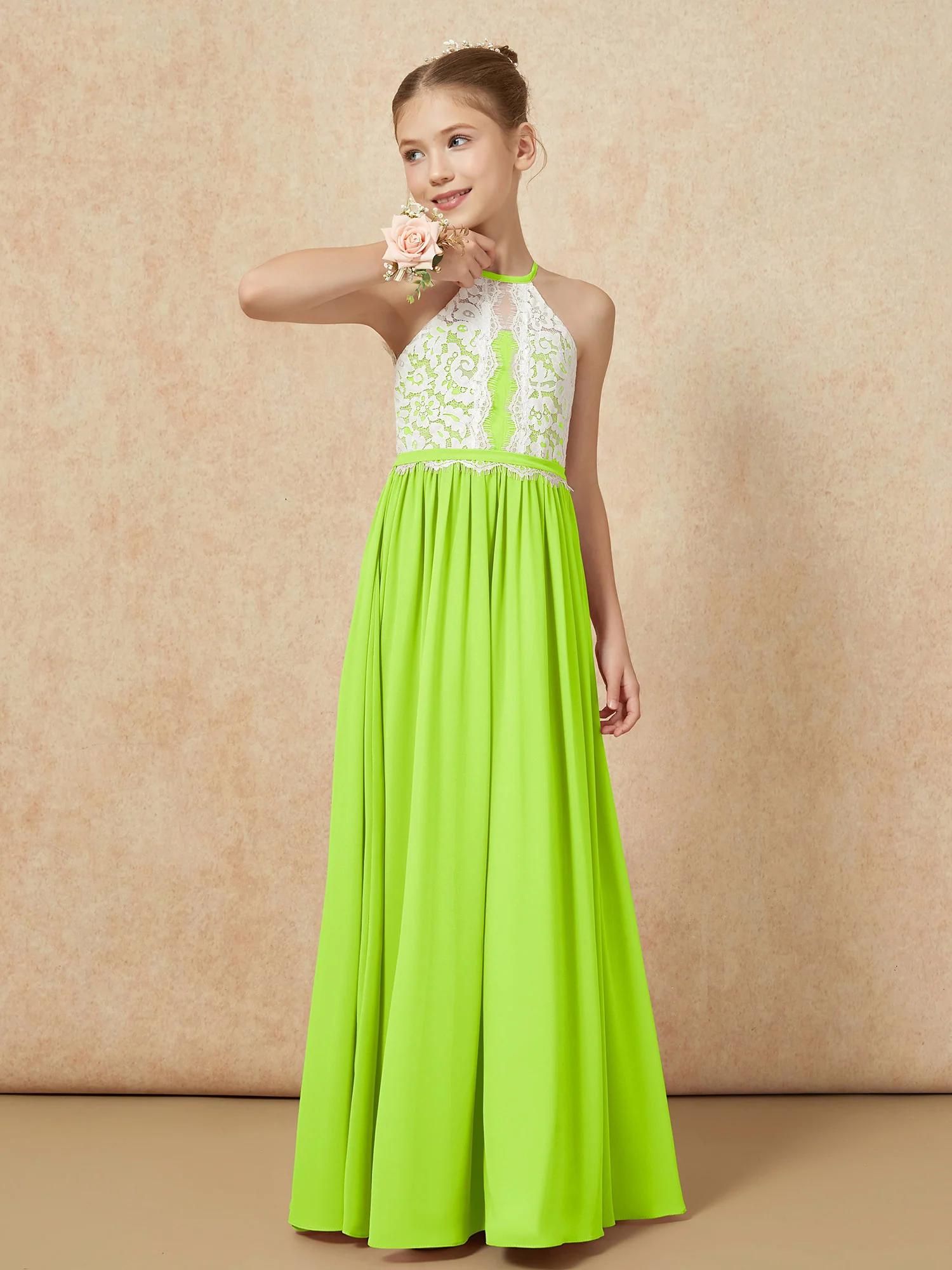 Lace Top Sleeveless Pleated Long Junior Bridesmaid Dress Lime Green - Image 4