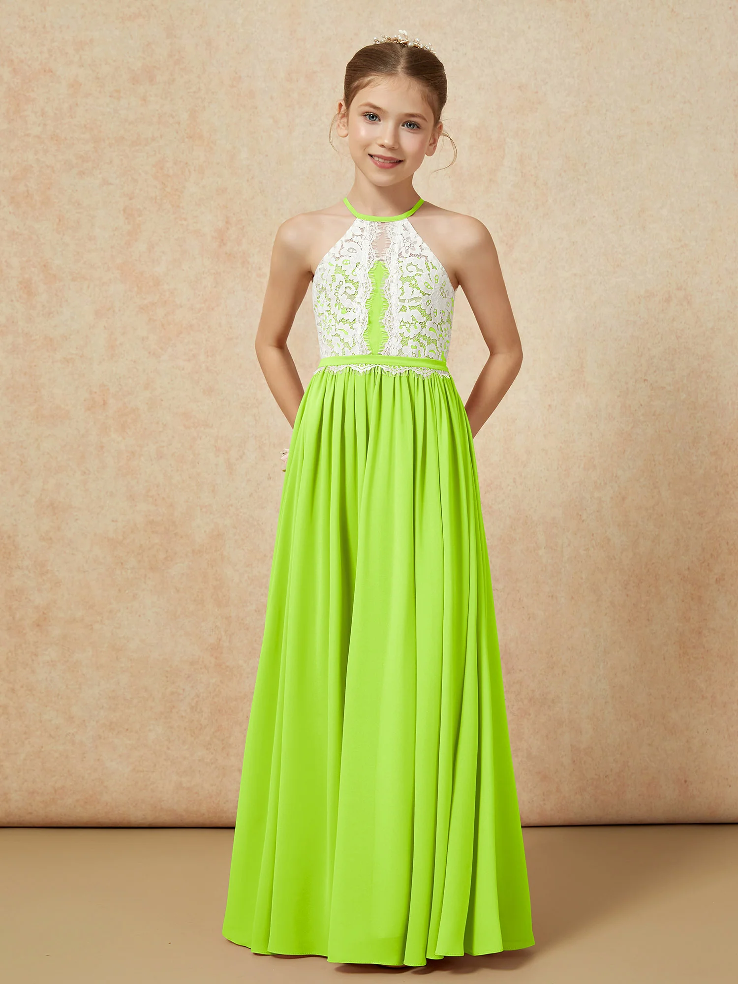 Lace Top Sleeveless Pleated Long Junior Bridesmaid Dress Lime Green - Image 5