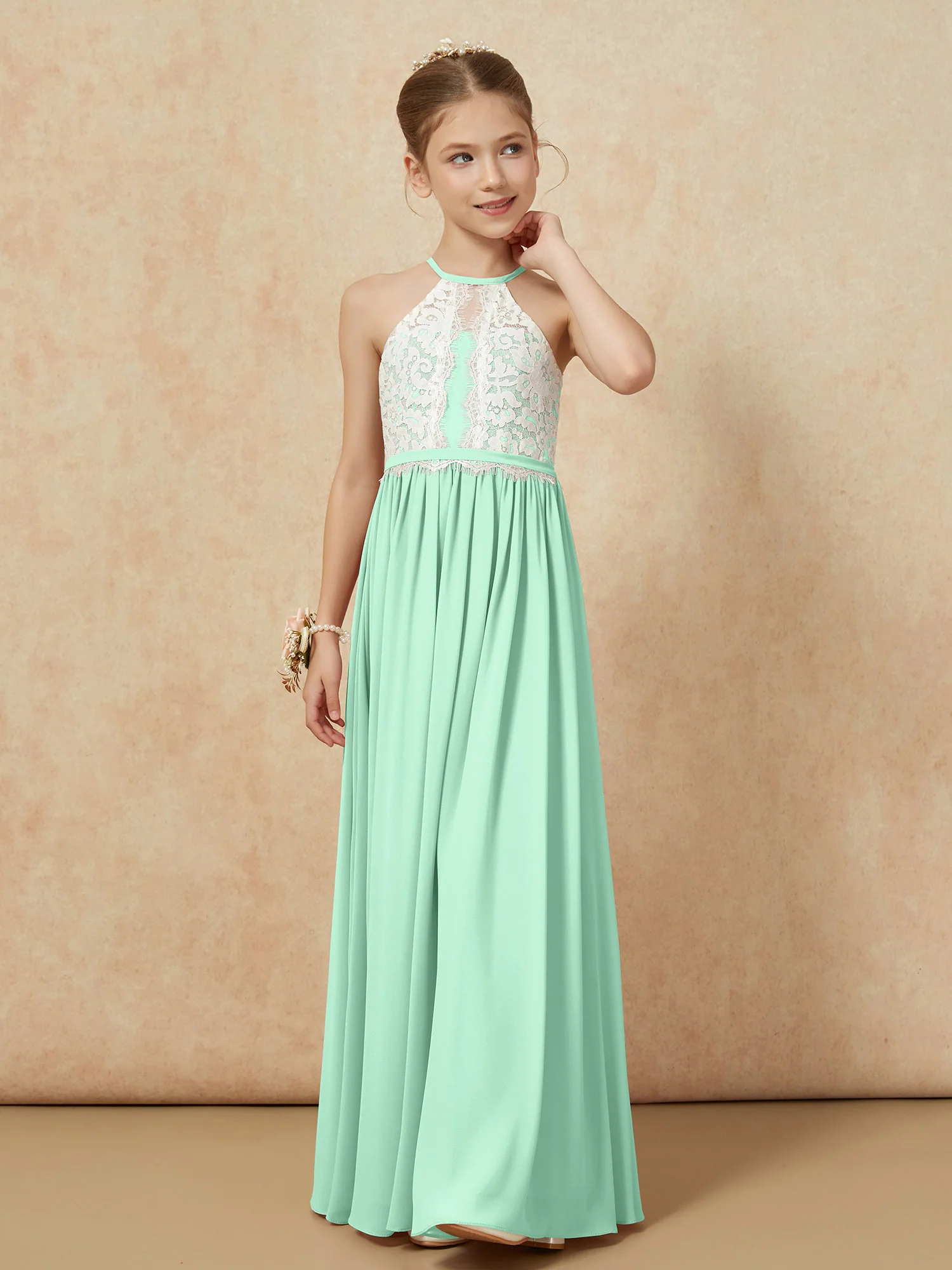 Lace Top Sleeveless Pleated Long Junior Bridesmaid Dress Mint Green - Image 6