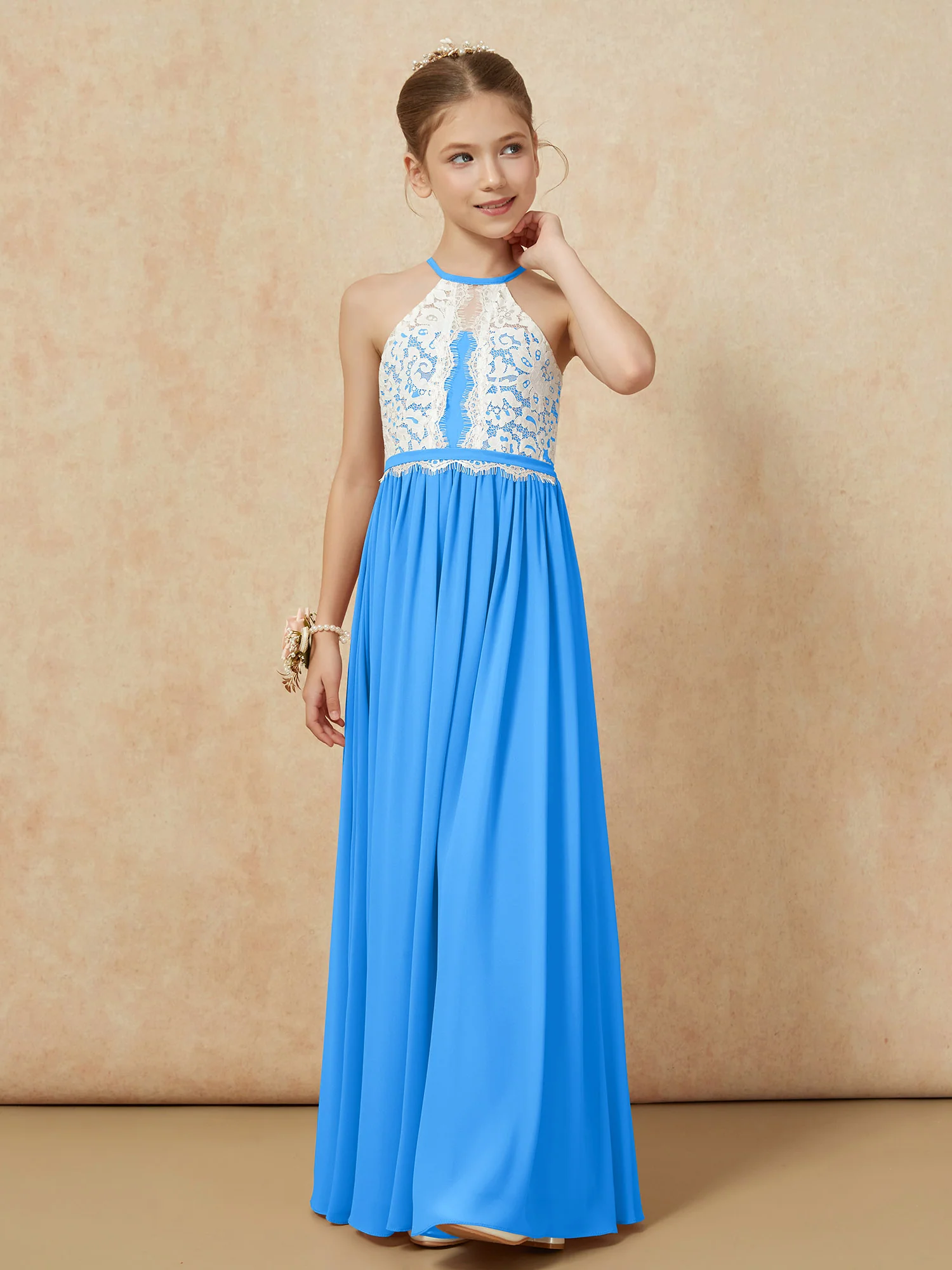 Lace Top Sleeveless Pleated Long Junior Bridesmaid Dress Ocean Blue - Image 6