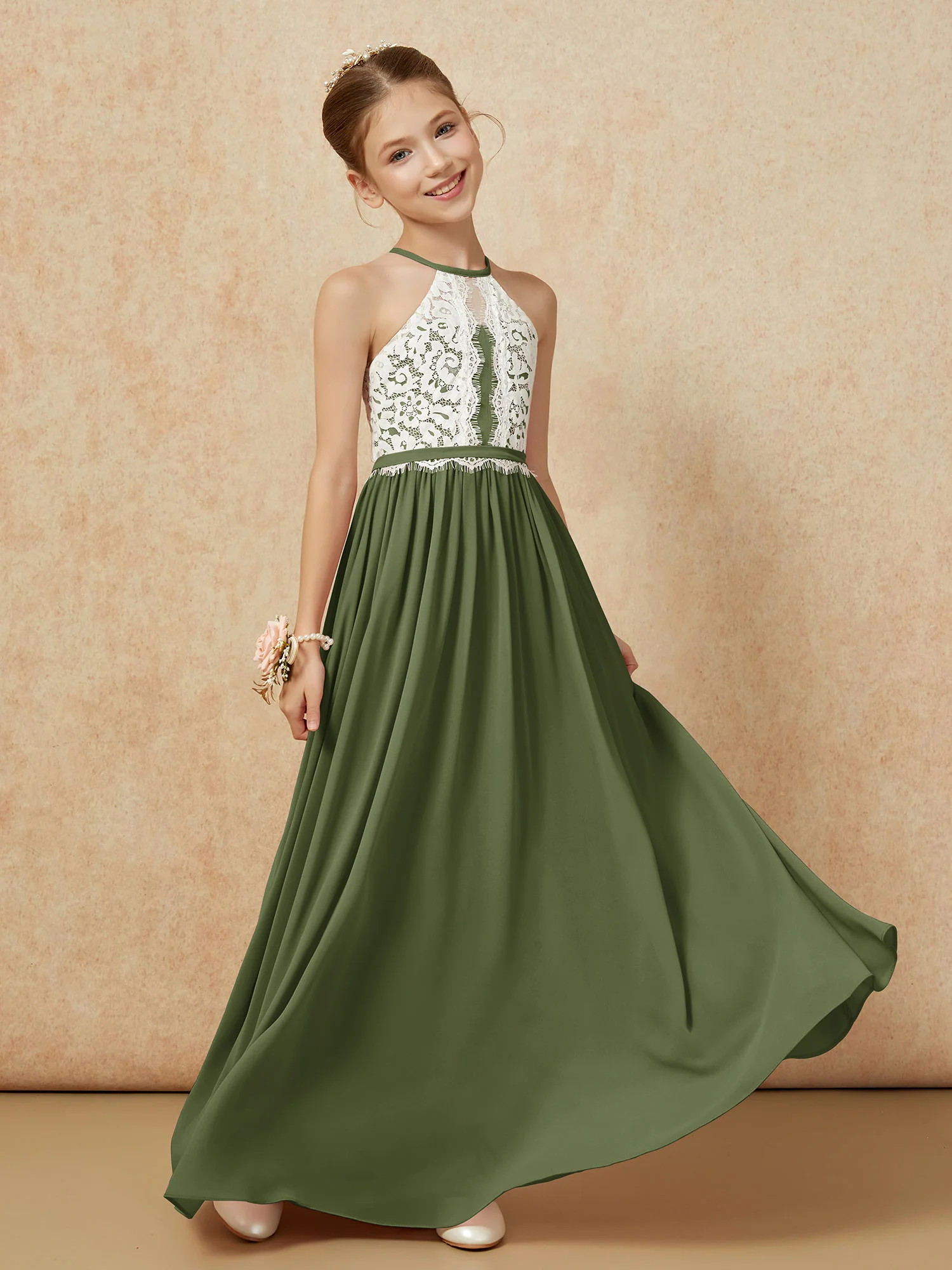 Lace Top Sleeveless Pleated Long Junior Bridesmaid Dress Olive Green - Image 3