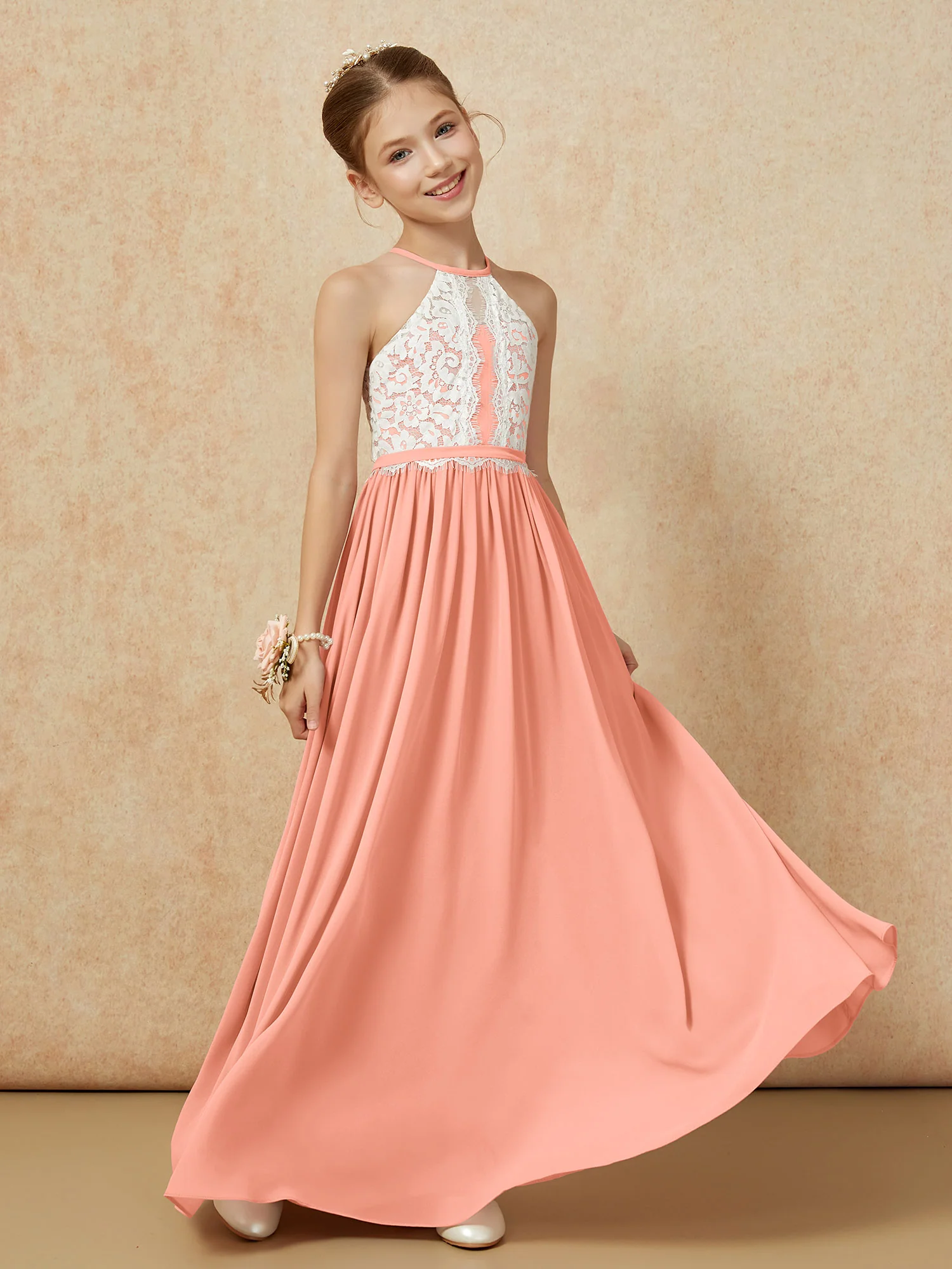 Lace Top Sleeveless Pleated Long Junior Bridesmaid Dress Papaya - Image 3