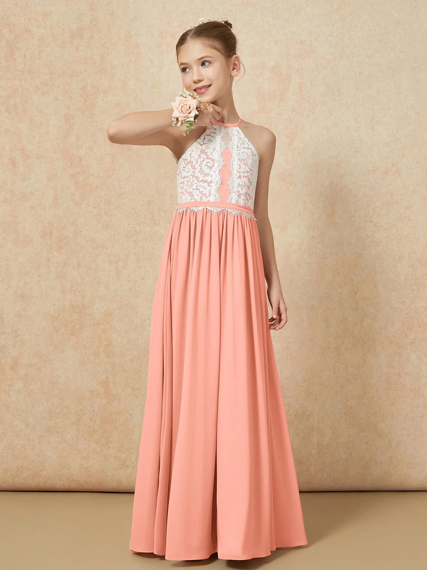 Lace Top Sleeveless Pleated Long Junior Bridesmaid Dress Papaya - Image 4