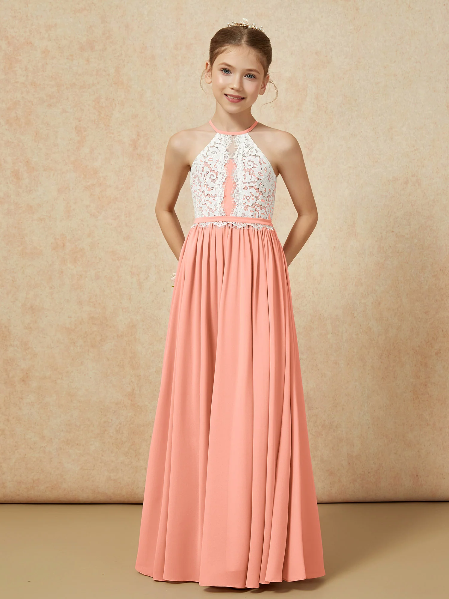 Lace Top Sleeveless Pleated Long Junior Bridesmaid Dress Papaya - Image 5
