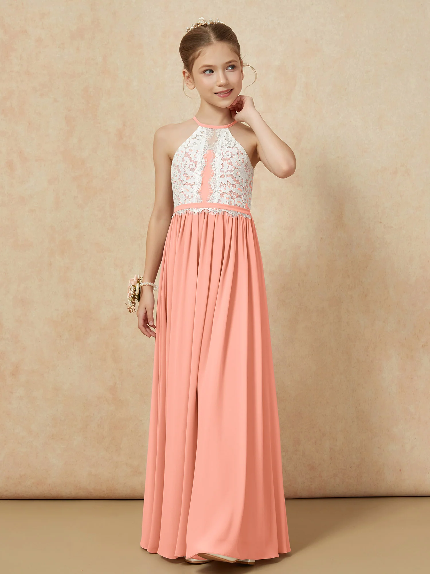 Lace Top Sleeveless Pleated Long Junior Bridesmaid Dress Papaya - Image 6