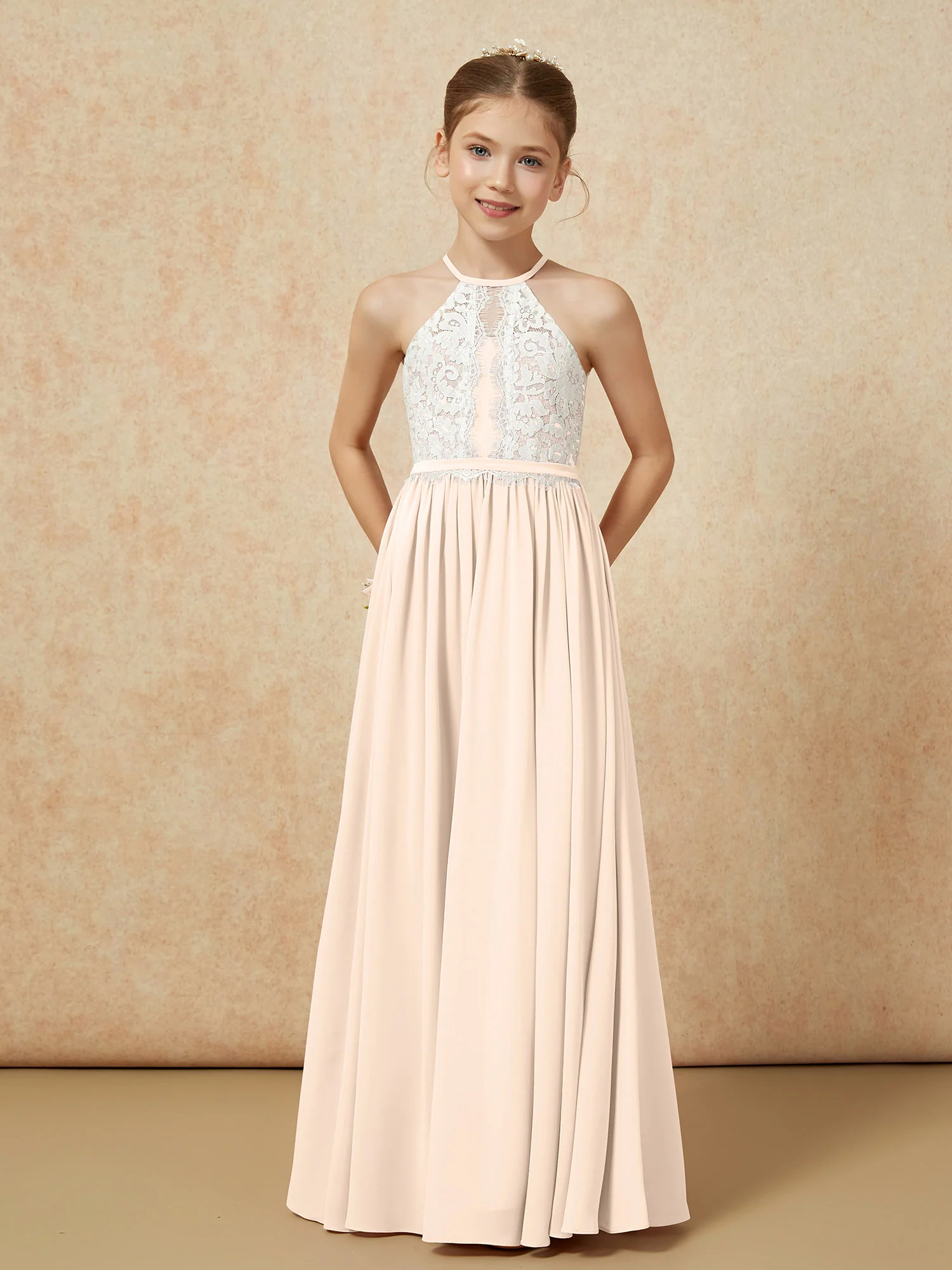 Lace Top Sleeveless Pleated Long Junior Bridesmaid Dress Peach - Image 5