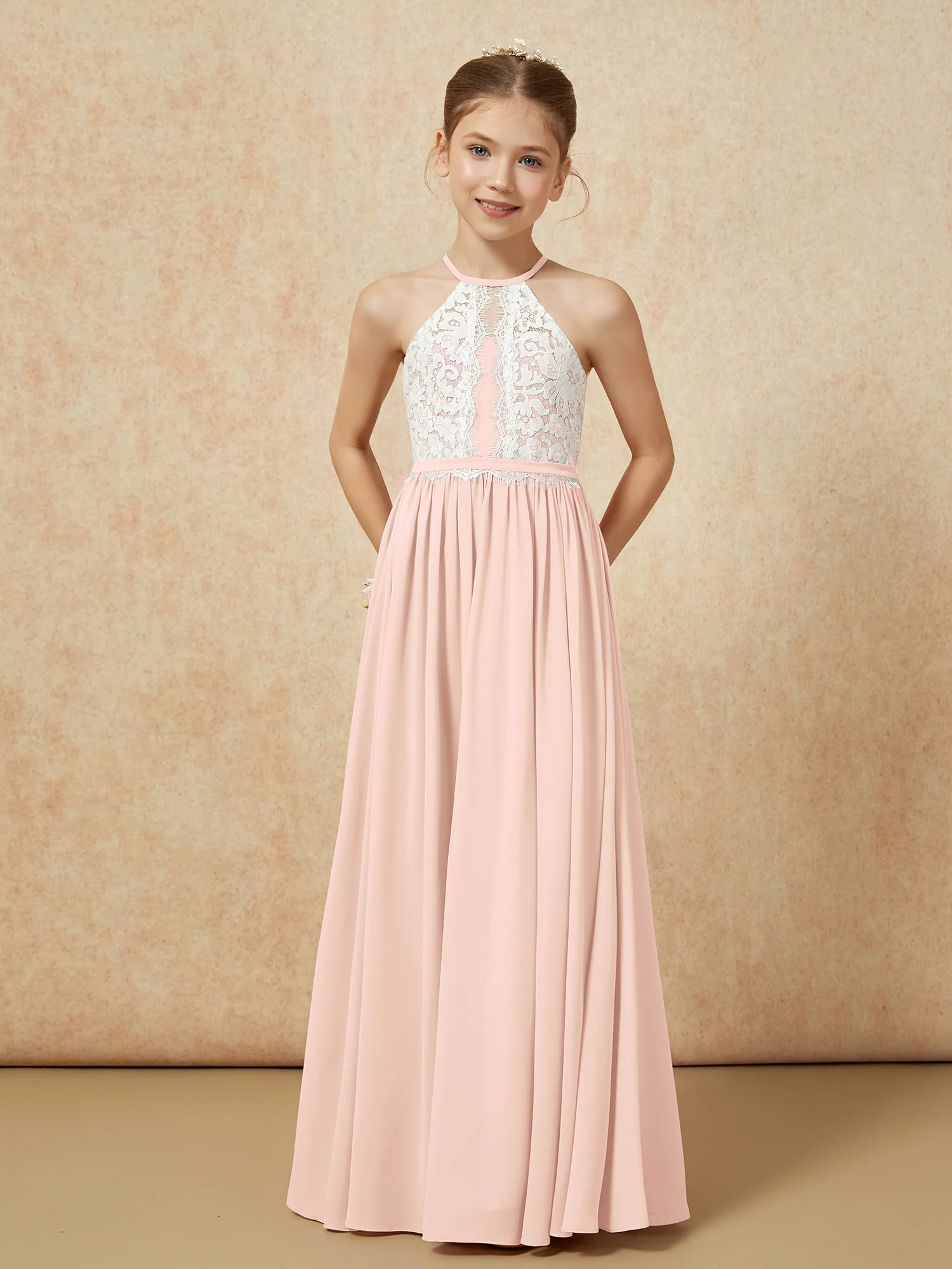 Lace Top Sleeveless Pleated Long Junior Bridesmaid Dress Pearl Pink - Image 5