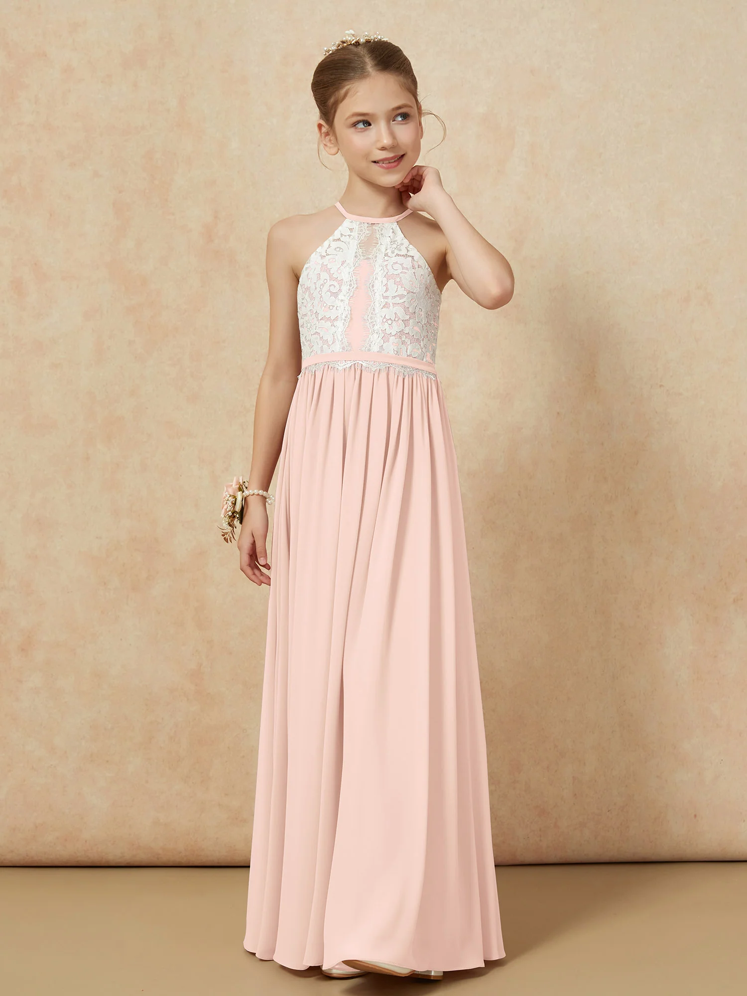 Lace Top Sleeveless Pleated Long Junior Bridesmaid Dress Pearl Pink - Image 6