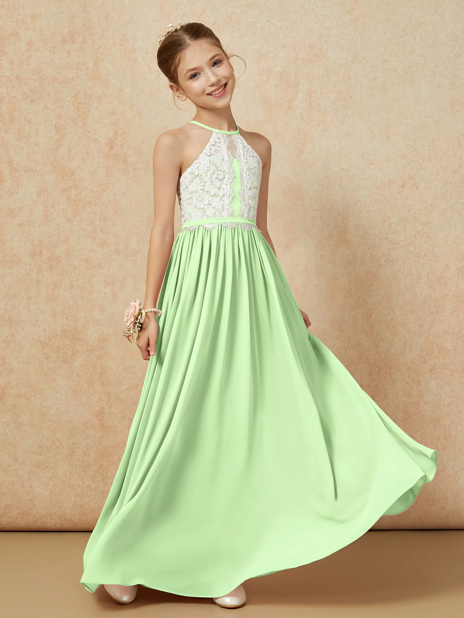 Lace Top Sleeveless Pleated Long Junior Bridesmaid Dress Sage - Image 3