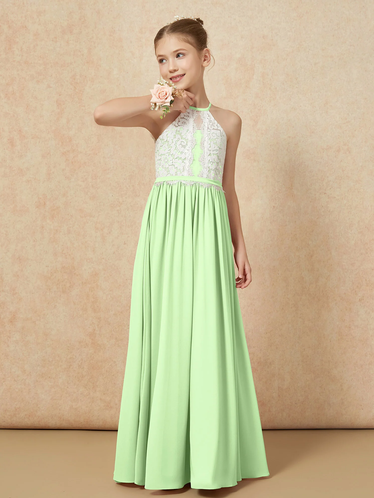 Lace Top Sleeveless Pleated Long Junior Bridesmaid Dress Sage - Image 4