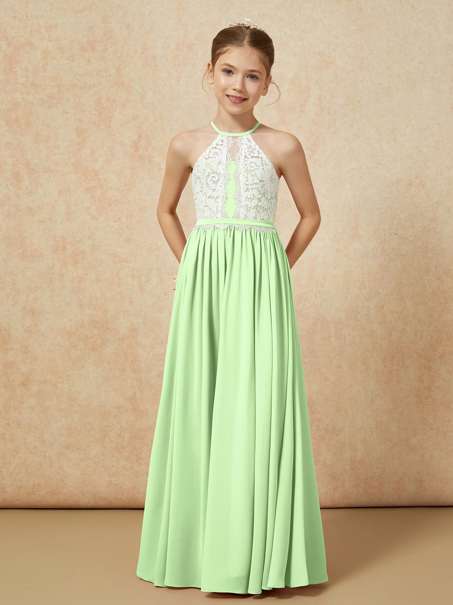 Lace Top Sleeveless Pleated Long Junior Bridesmaid Dress Sage - Image 5