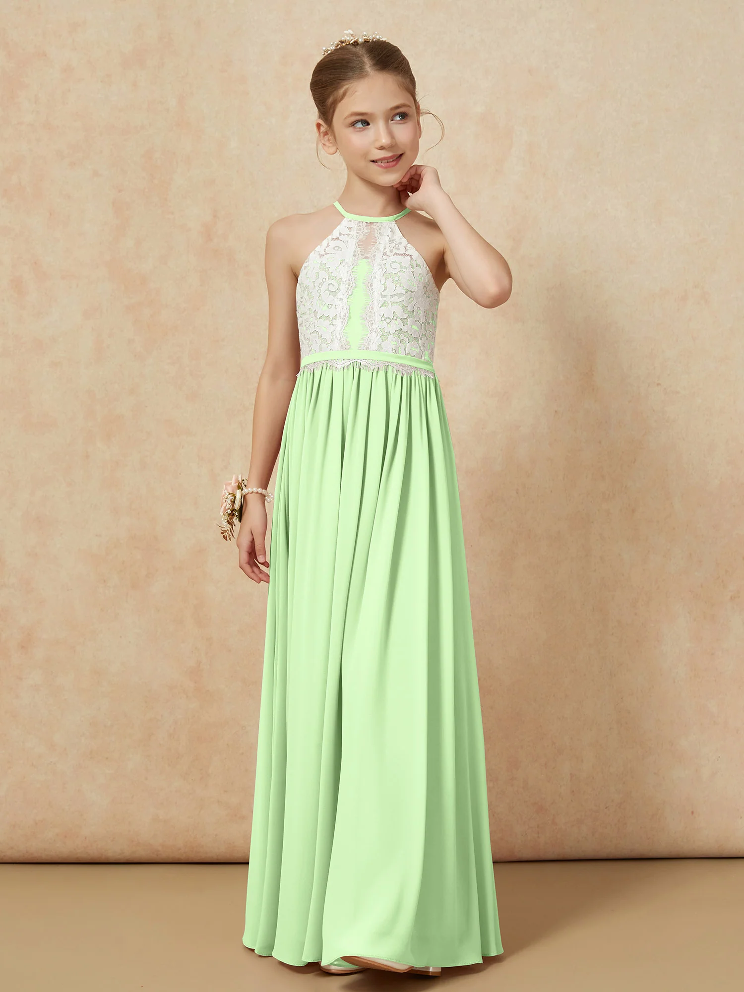 Lace Top Sleeveless Pleated Long Junior Bridesmaid Dress Sage - Image 6