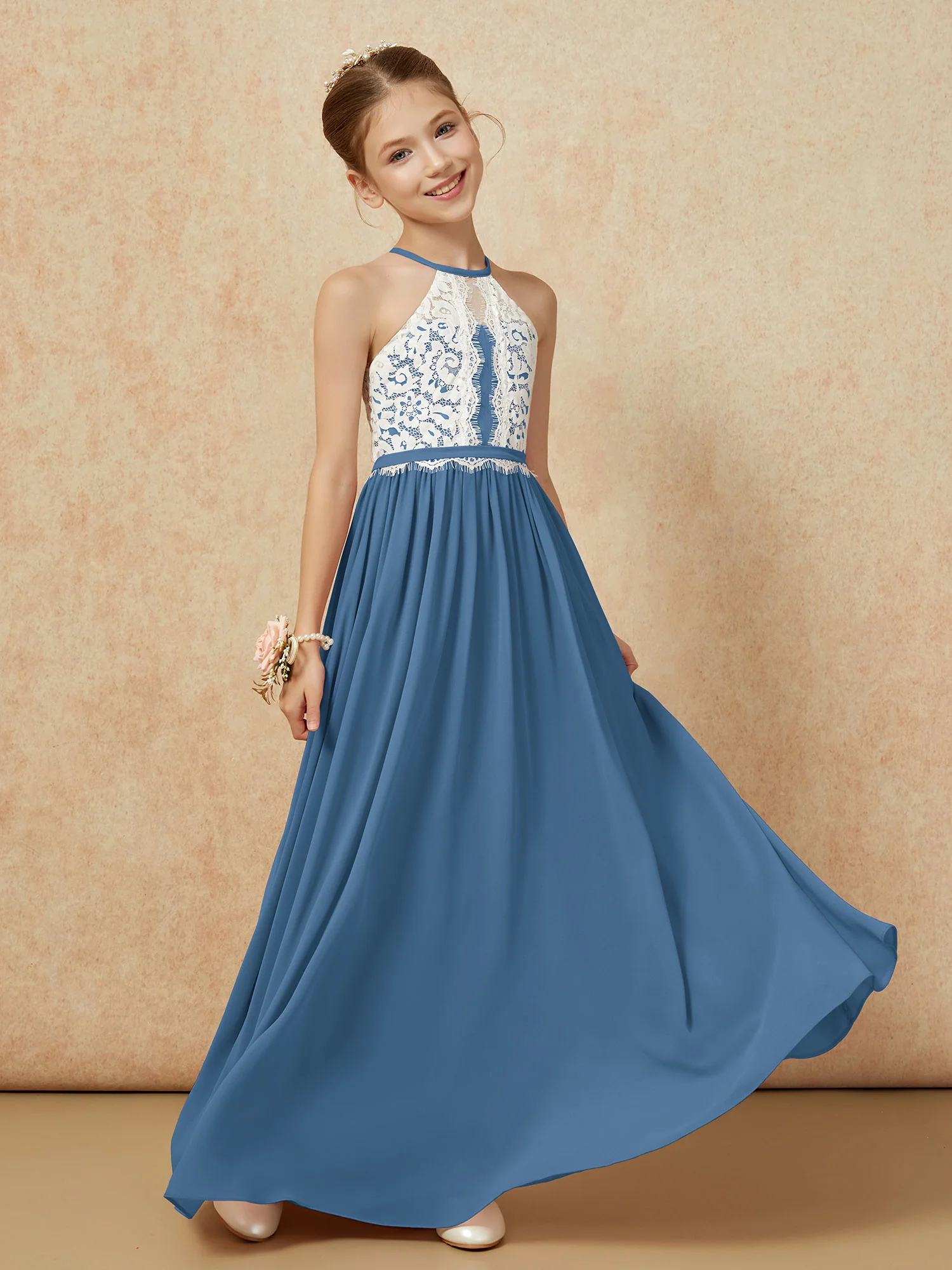 Lace Top Sleeveless Pleated Long Junior Bridesmaid Dress Slate Blue - Image 3