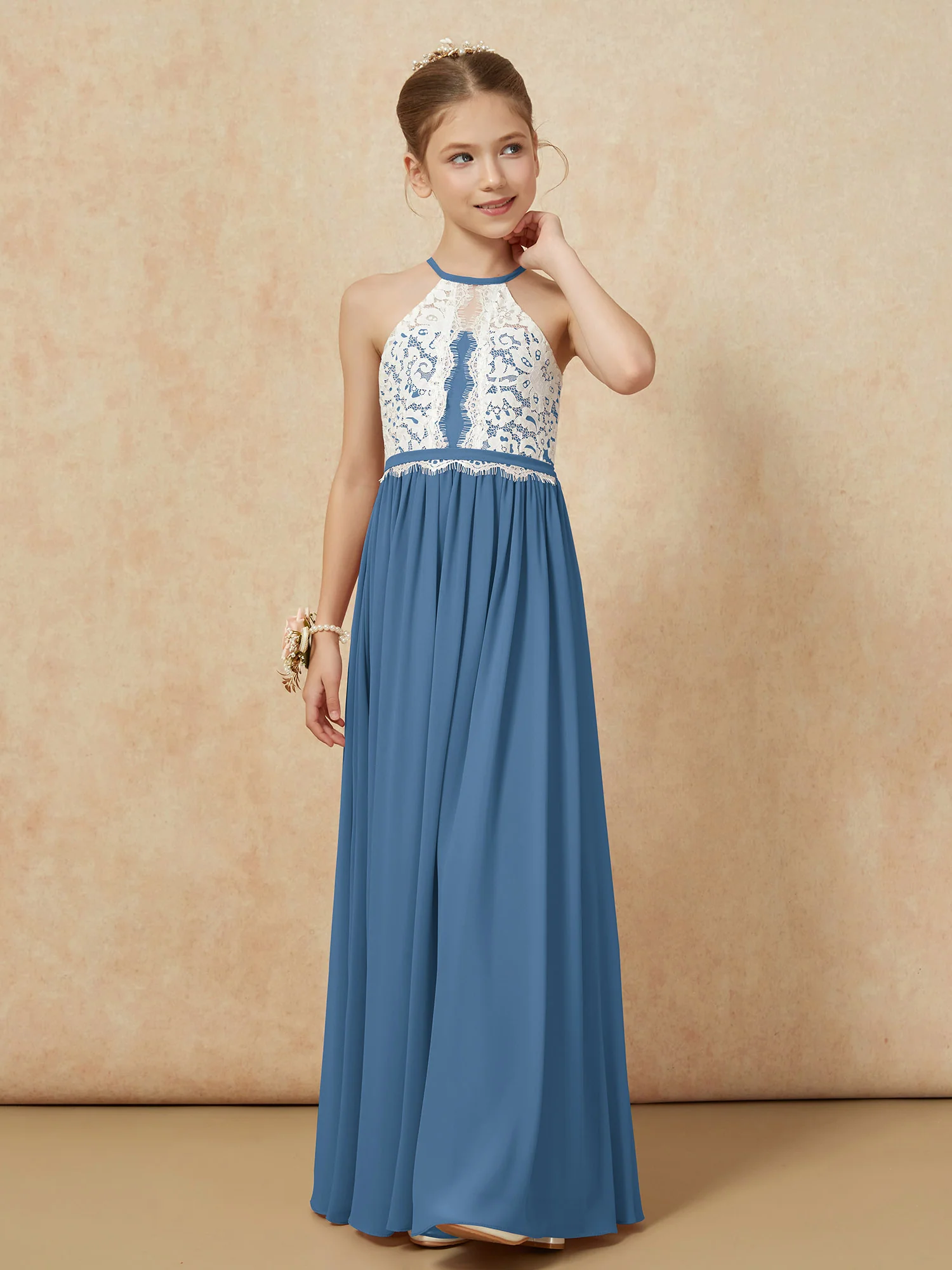 Lace Top Sleeveless Pleated Long Junior Bridesmaid Dress Slate Blue - Image 6