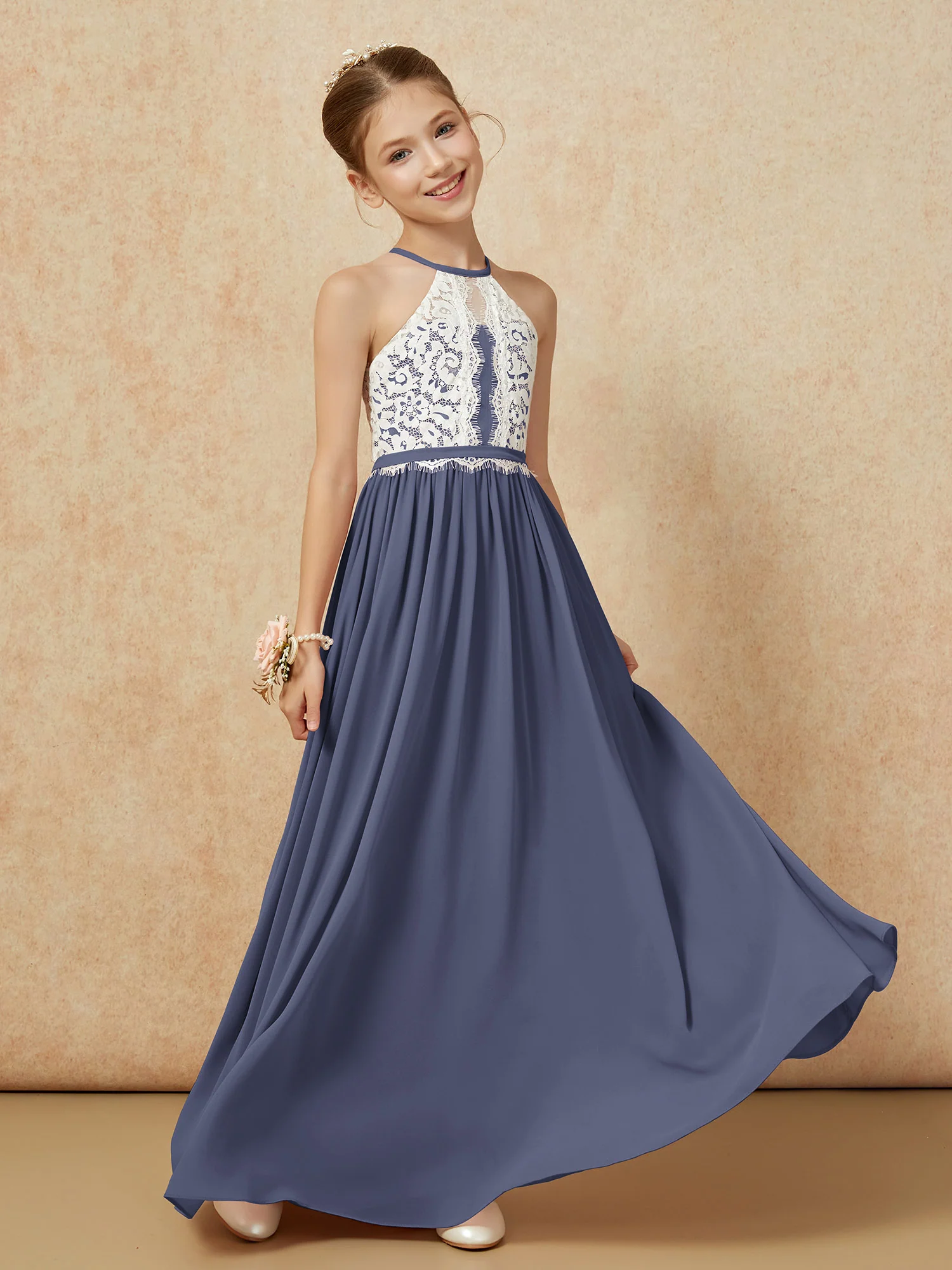 Lace Top Sleeveless Pleated Long Junior Bridesmaid Dress Stormy - Image 3