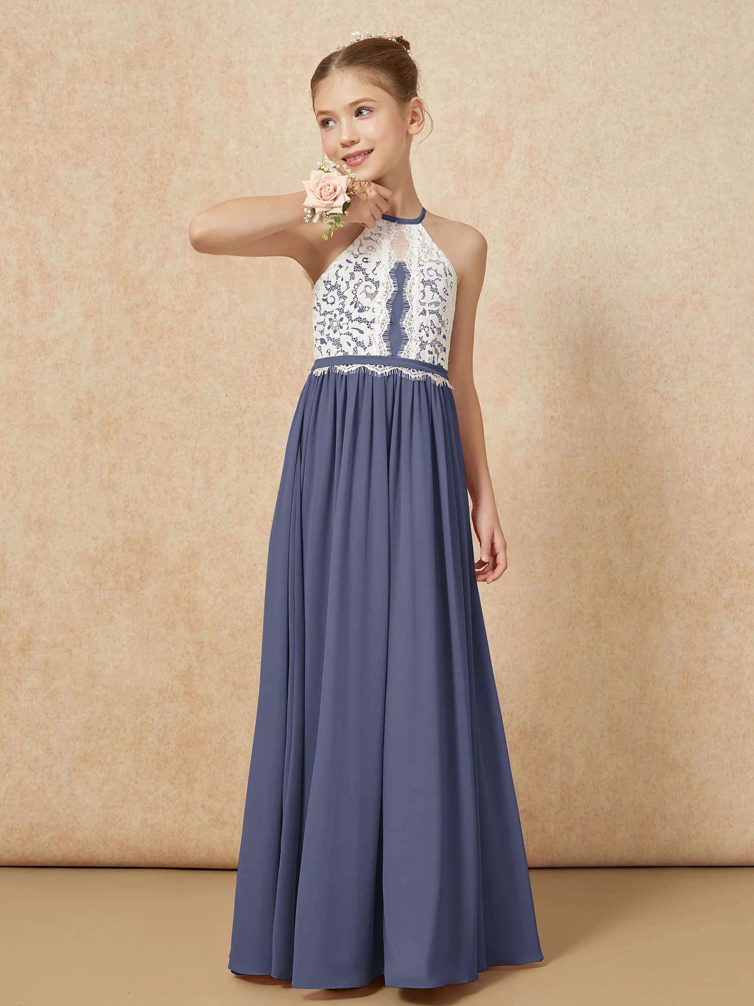 Lace Top Sleeveless Pleated Long Junior Bridesmaid Dress Stormy - Image 4