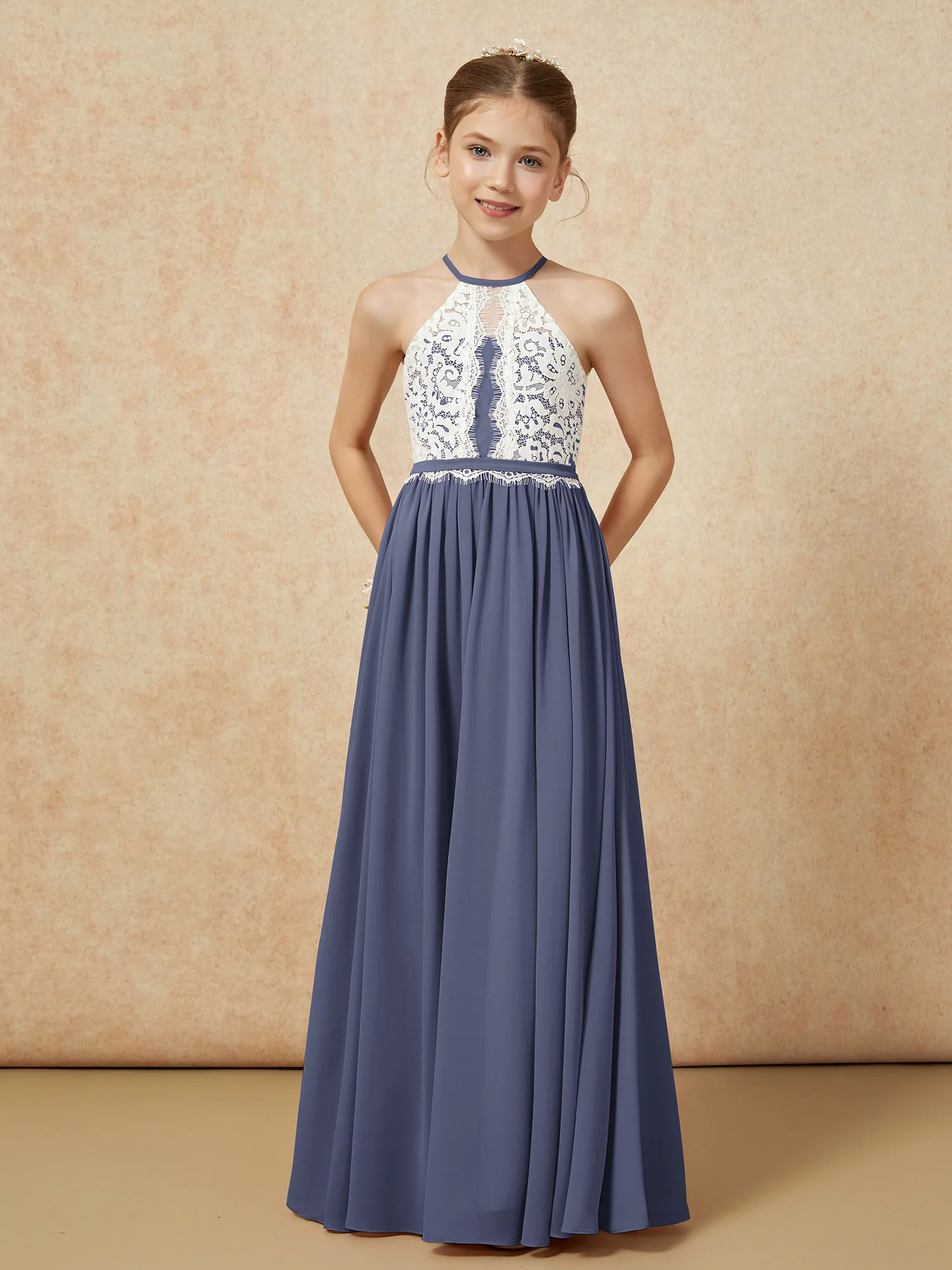 Lace Top Sleeveless Pleated Long Junior Bridesmaid Dress Stormy - Image 5