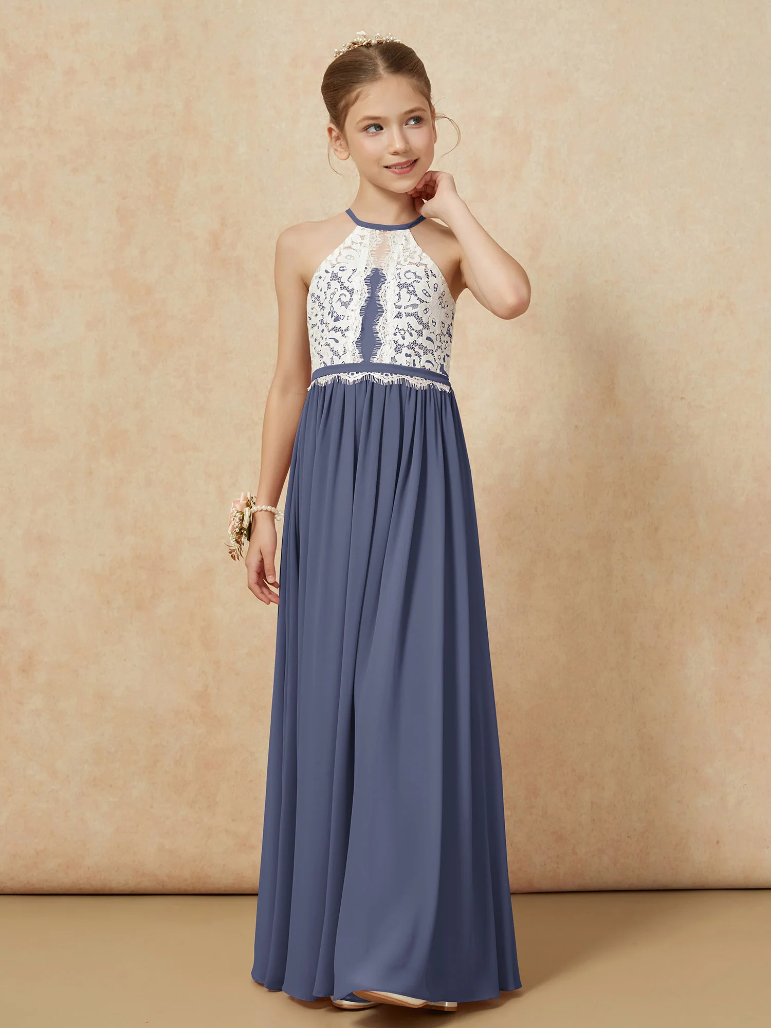 Lace Top Sleeveless Pleated Long Junior Bridesmaid Dress Stormy - Image 6