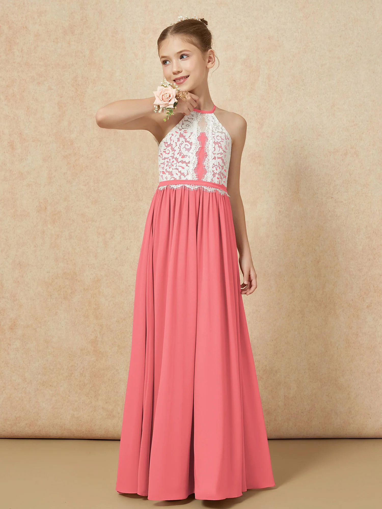 Lace Top Sleeveless Pleated Long Junior Bridesmaid Dress Watermelon - Image 4