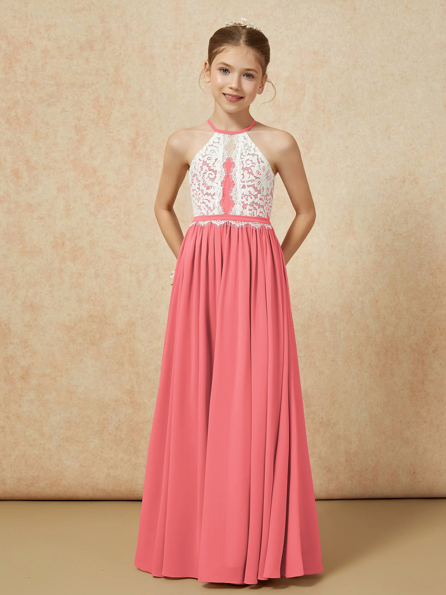 Lace Top Sleeveless Pleated Long Junior Bridesmaid Dress Watermelon - Image 5