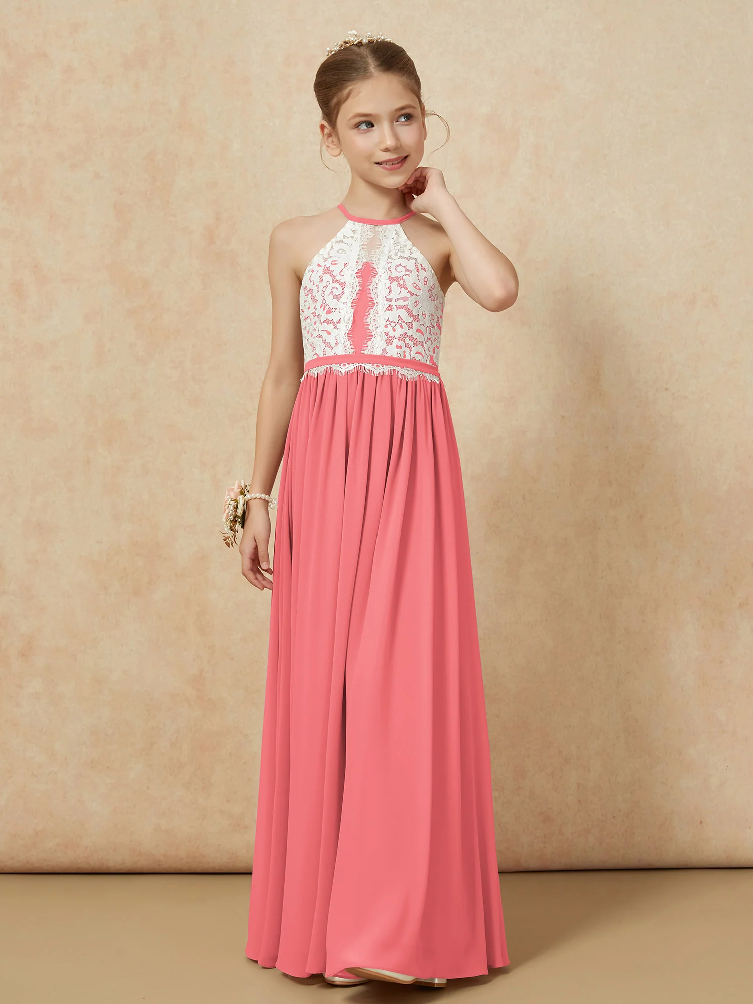 Lace Top Sleeveless Pleated Long Junior Bridesmaid Dress Watermelon - Image 6