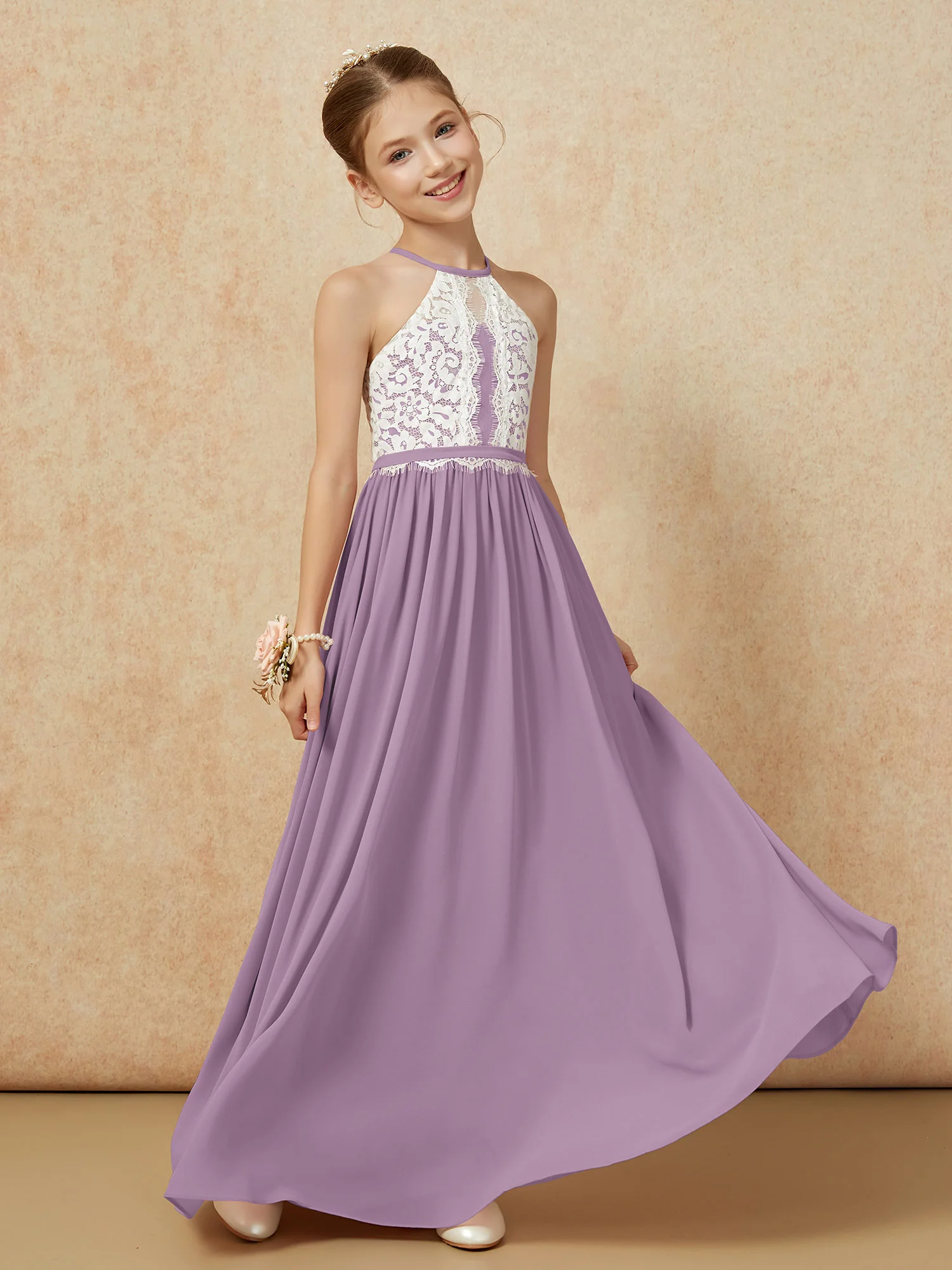 Lace Top Sleeveless Pleated Long Junior Bridesmaid Dress Wisteria - Image 3