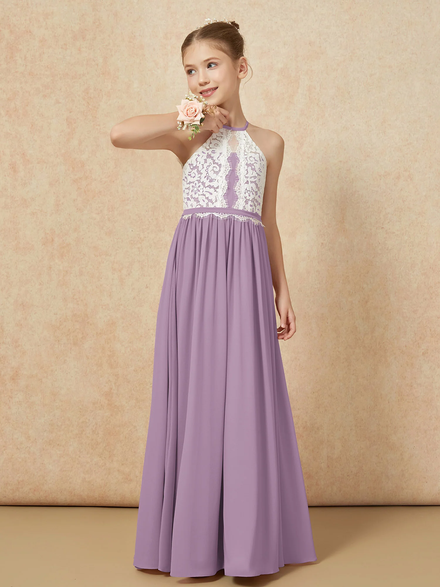 Lace Top Sleeveless Pleated Long Junior Bridesmaid Dress Wisteria - Image 4
