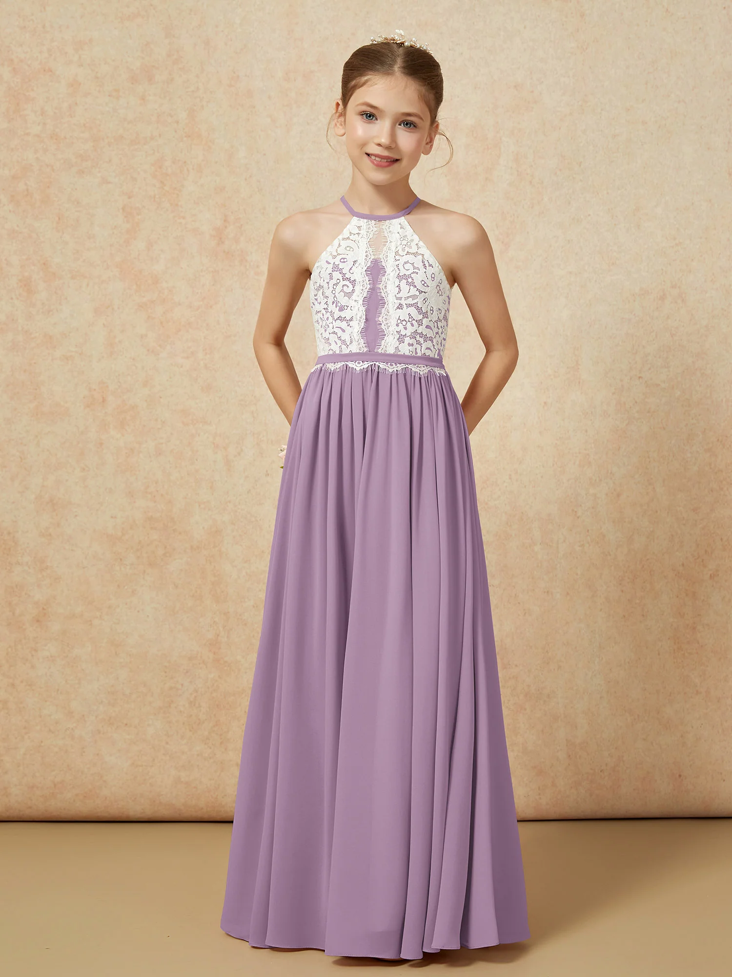 Lace Top Sleeveless Pleated Long Junior Bridesmaid Dress Wisteria - Image 5