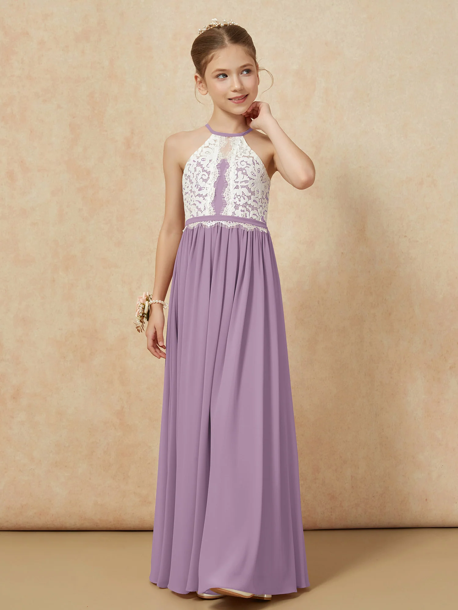 Lace Top Sleeveless Pleated Long Junior Bridesmaid Dress Wisteria - Image 6