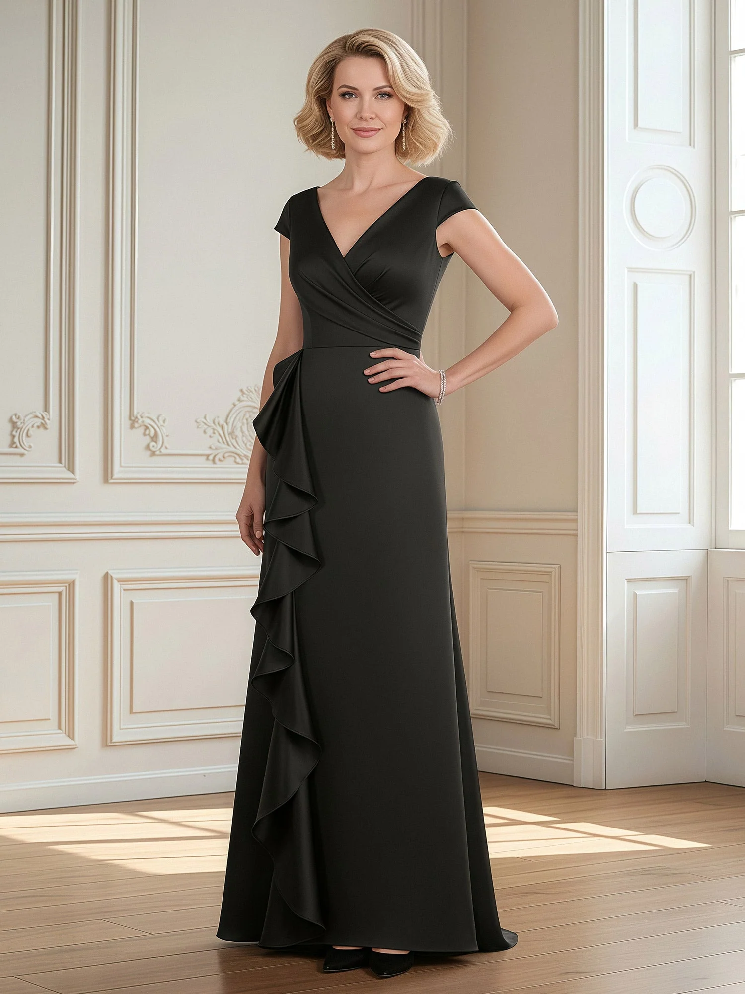 V-Neck Cap Sleeve Sheath Gown with Side Ruffles Fuchsia