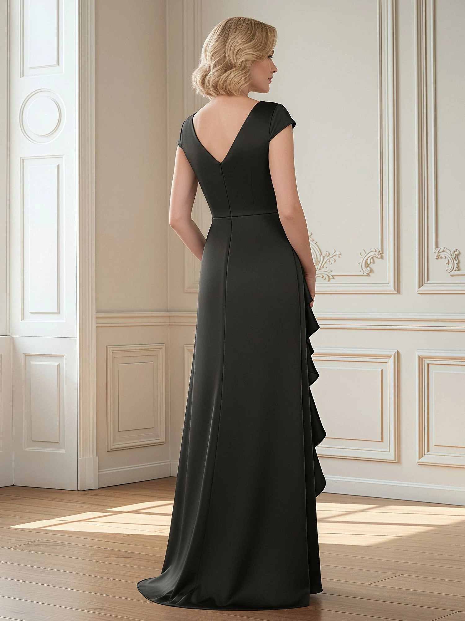V-Neck Cap Sleeve Sheath Gown with Side Ruffles Ivory - Image 2