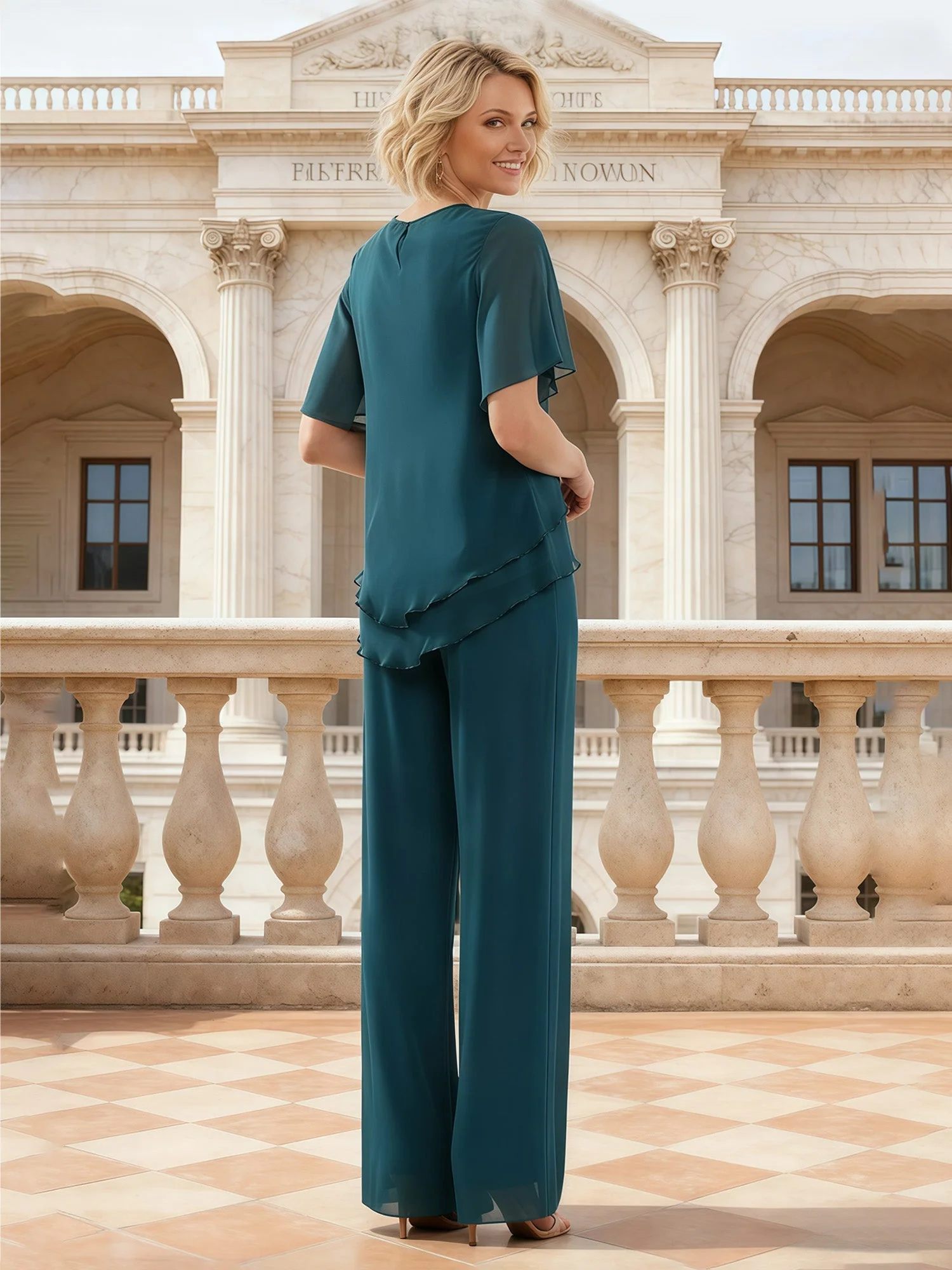 Layered Chiffon Pant Suit Beaded Trim Wide Leg Design Champagne - Image 2