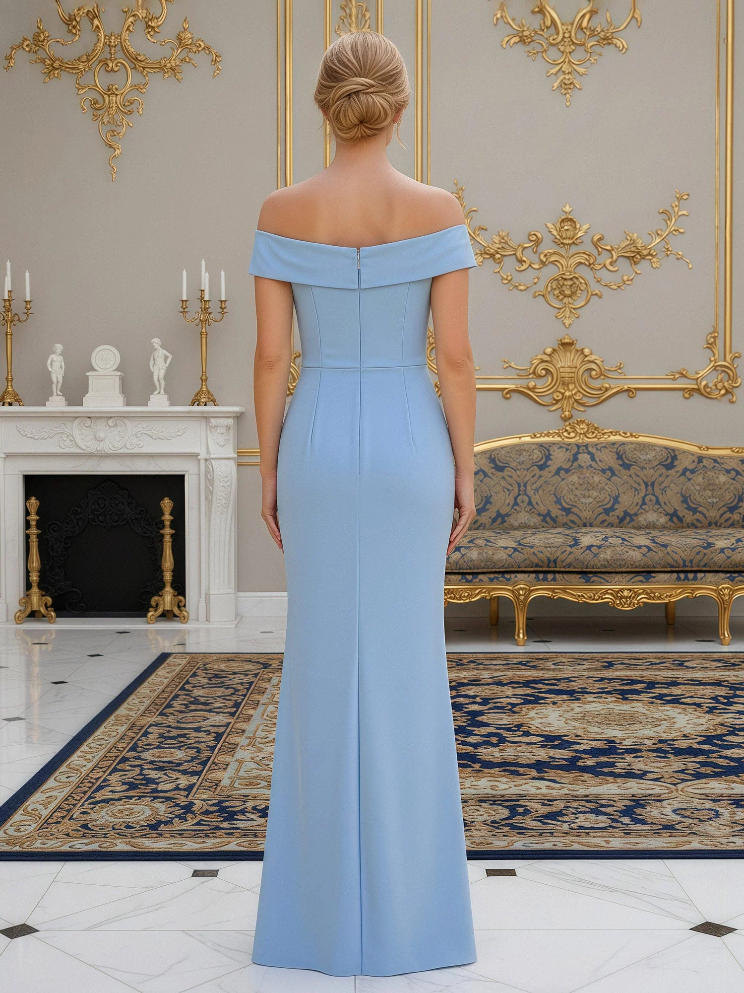 Off-the-Shoulder Sheath Gown with Crystal Embellishment Steel Grey - Image 2