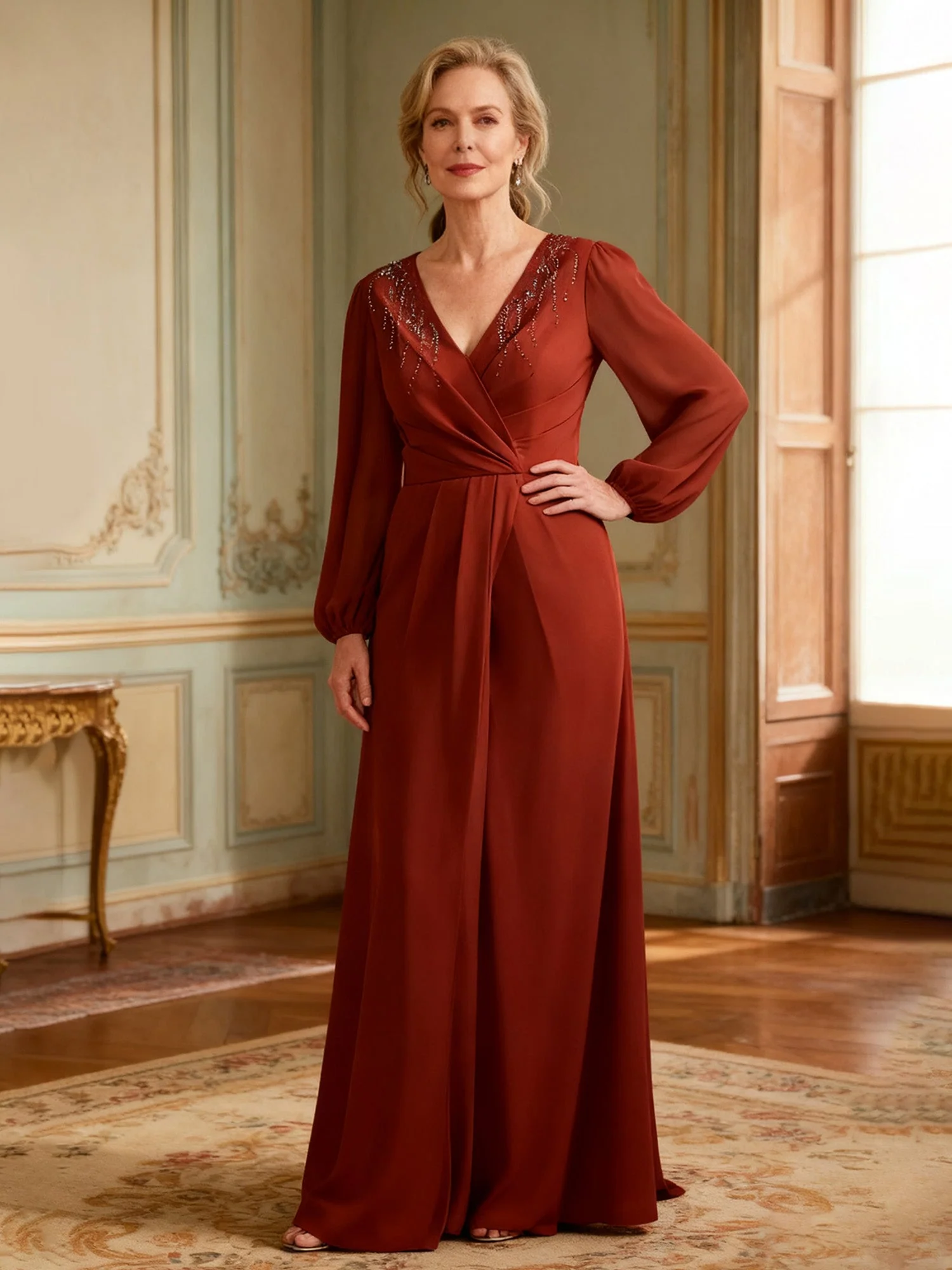 Wrap-Front Beaded Long Sleeve Formal Dress Black