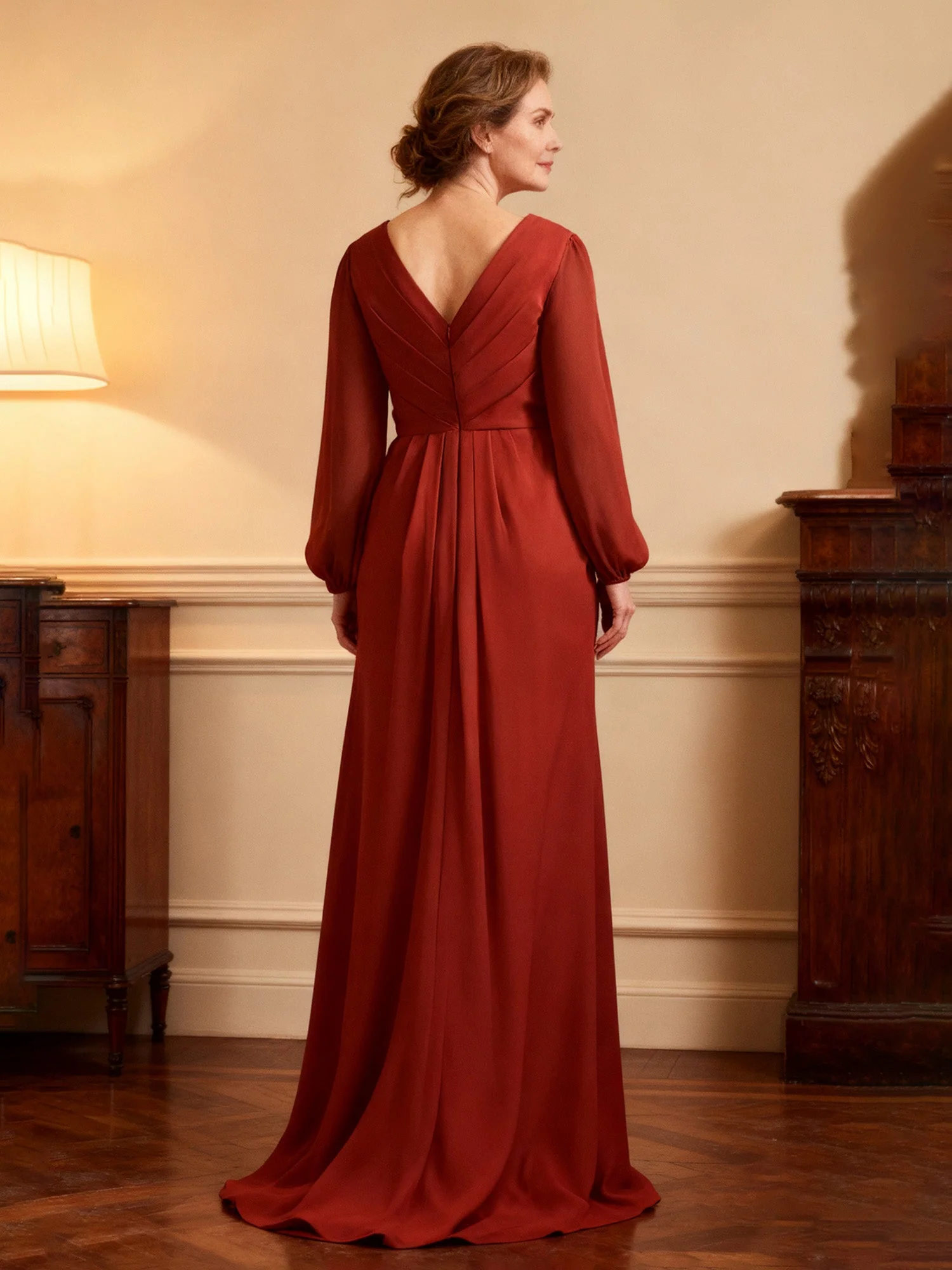 Wrap-Front Beaded Long Sleeve Formal Dress Watermelon - Image 2