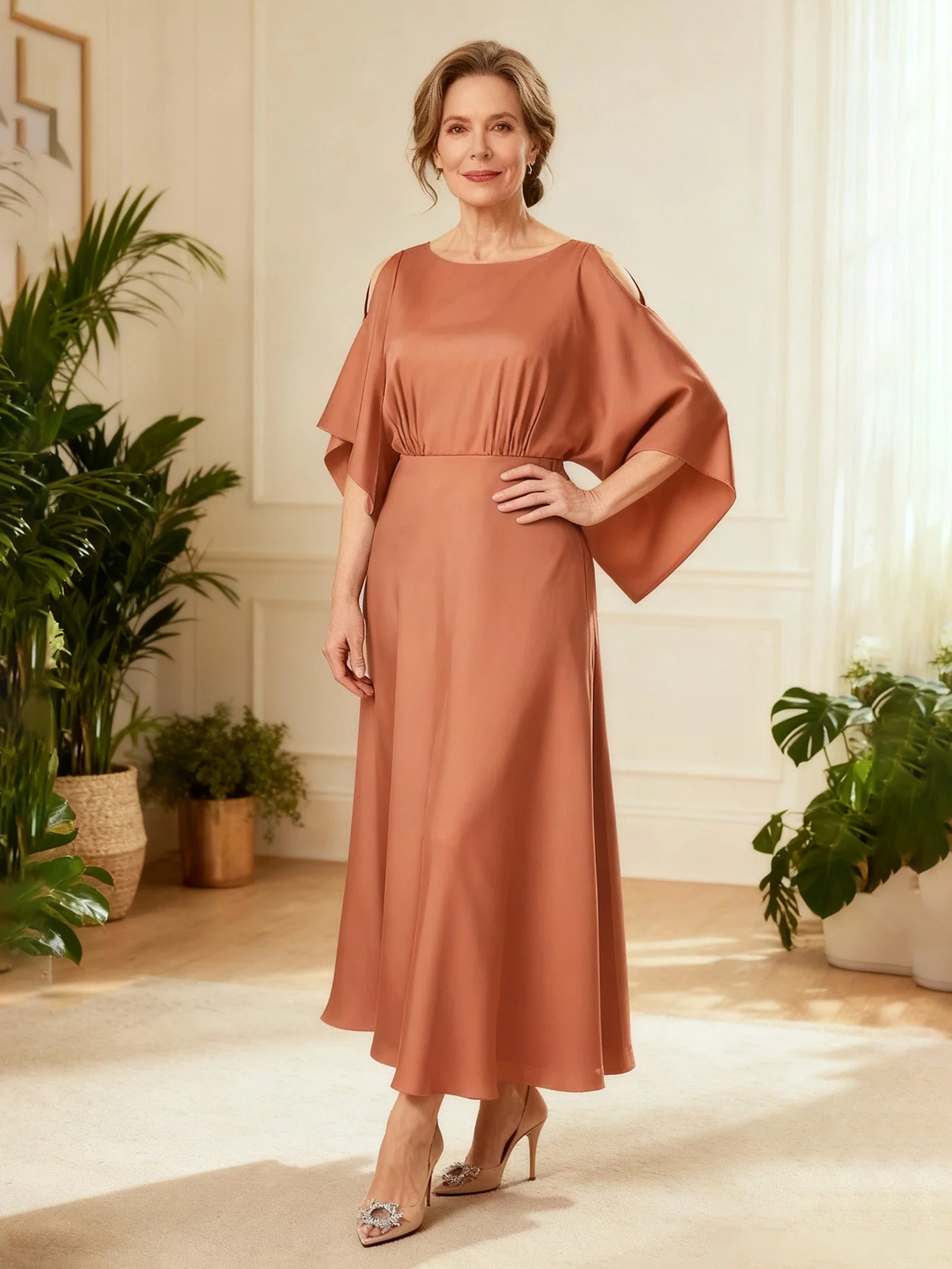 Gathered Waist Boat-Neck Special Occasion Dress Mulberry