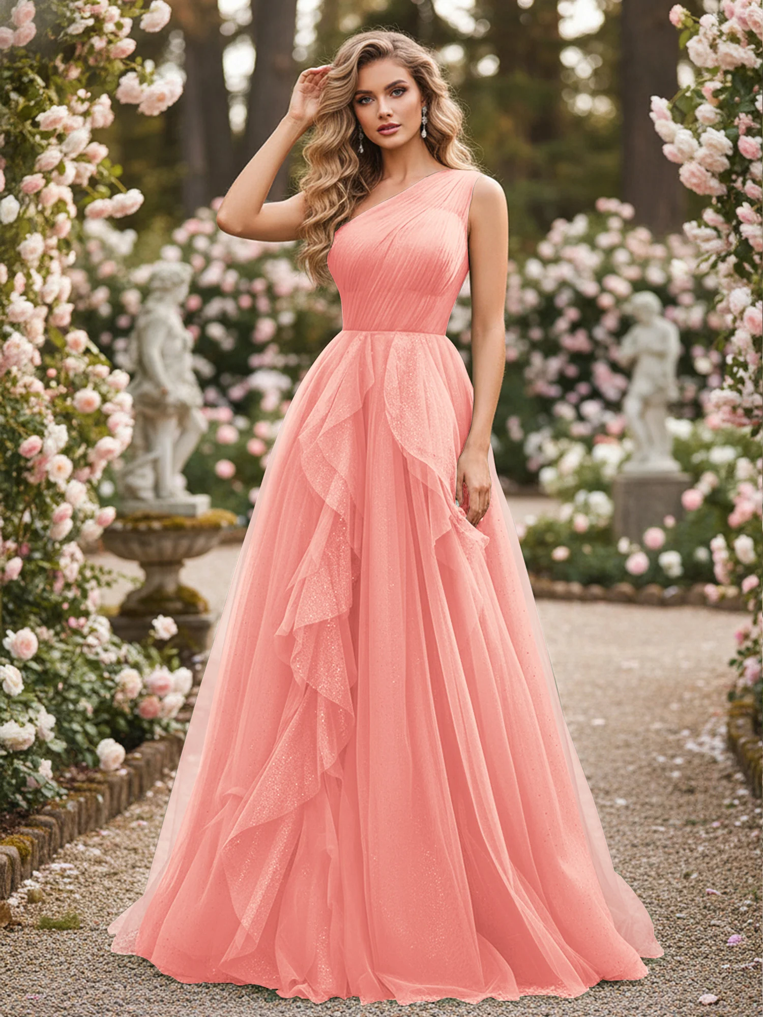 Sparkling Tulle A-Line Gown with Cascading Ruffles Coral