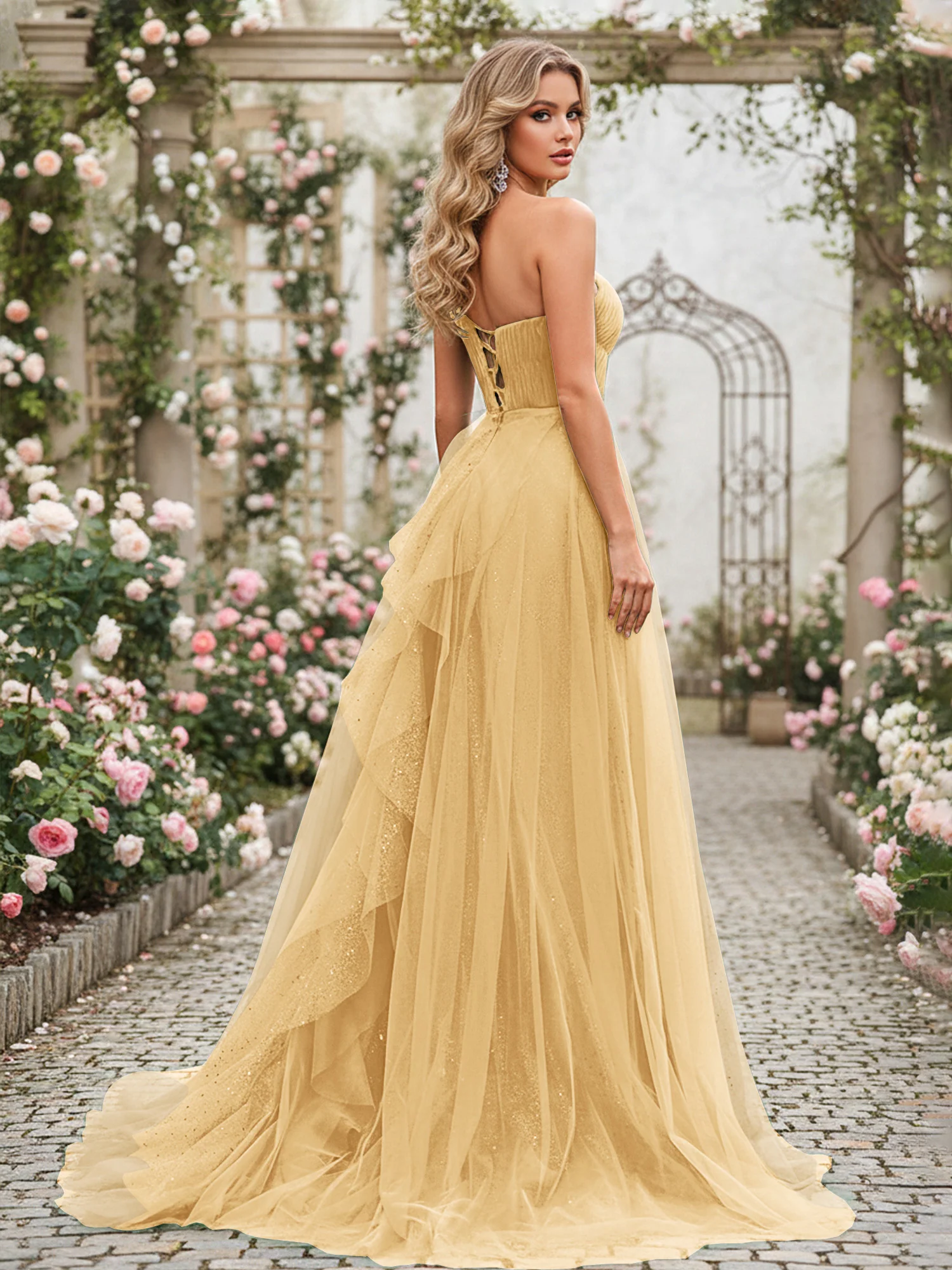 Sparkling Tulle A-Line Gown with Cascading Ruffles Gold - Image 2