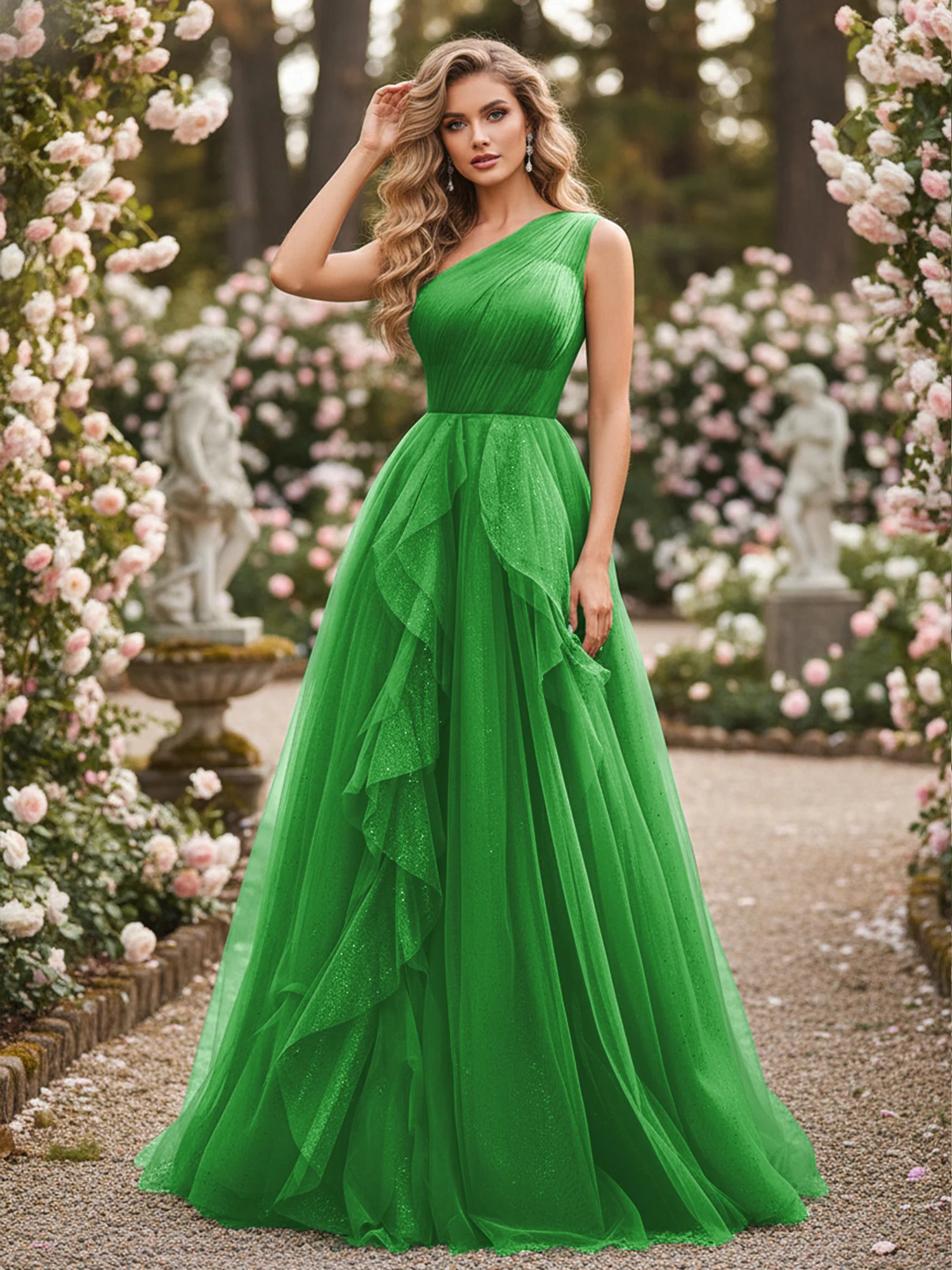 Sparkling Tulle A-Line Gown with Cascading Ruffles Green