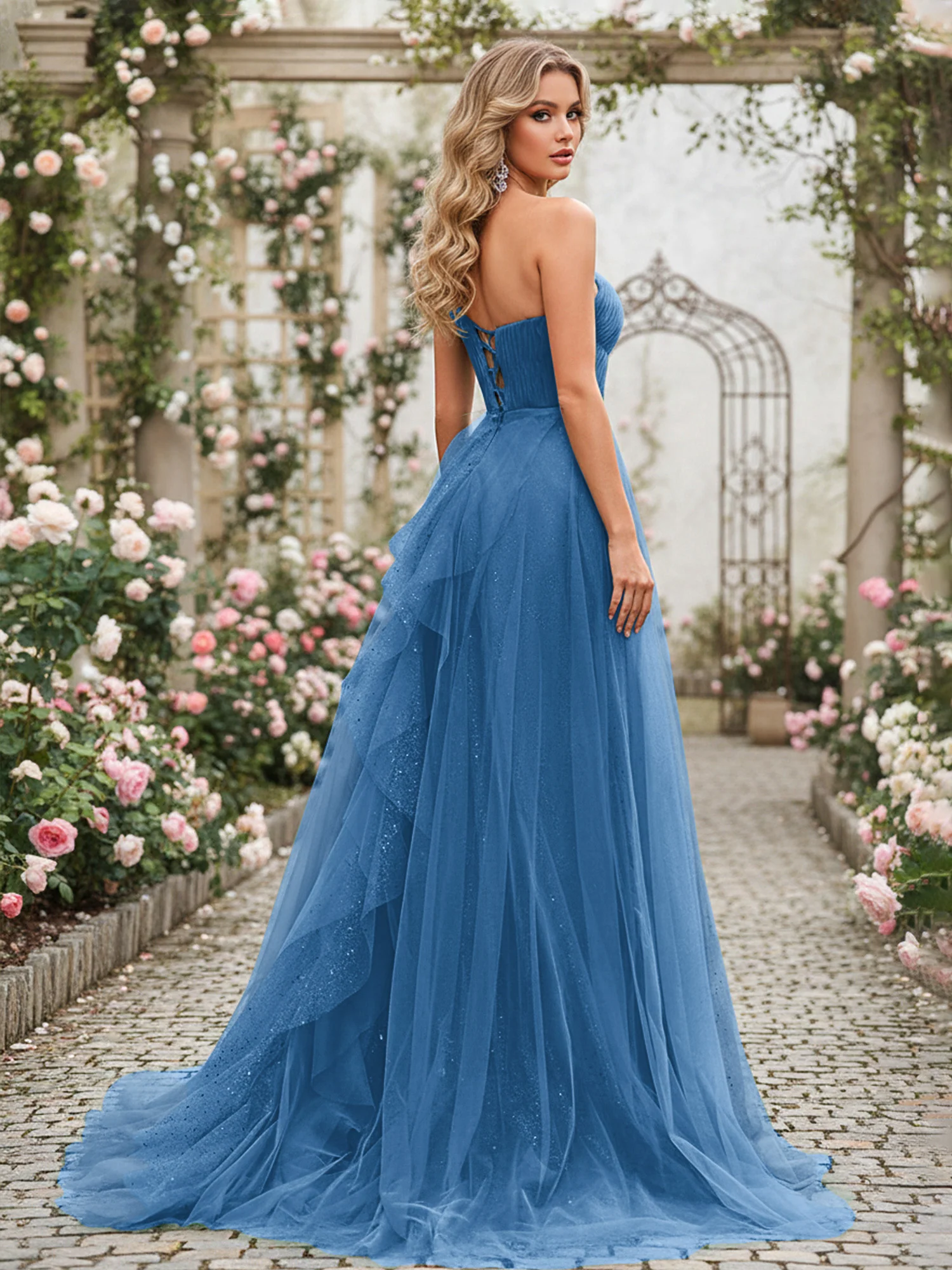 Sparkling Tulle A-Line Gown with Cascading Ruffles Ink Blue - Image 2