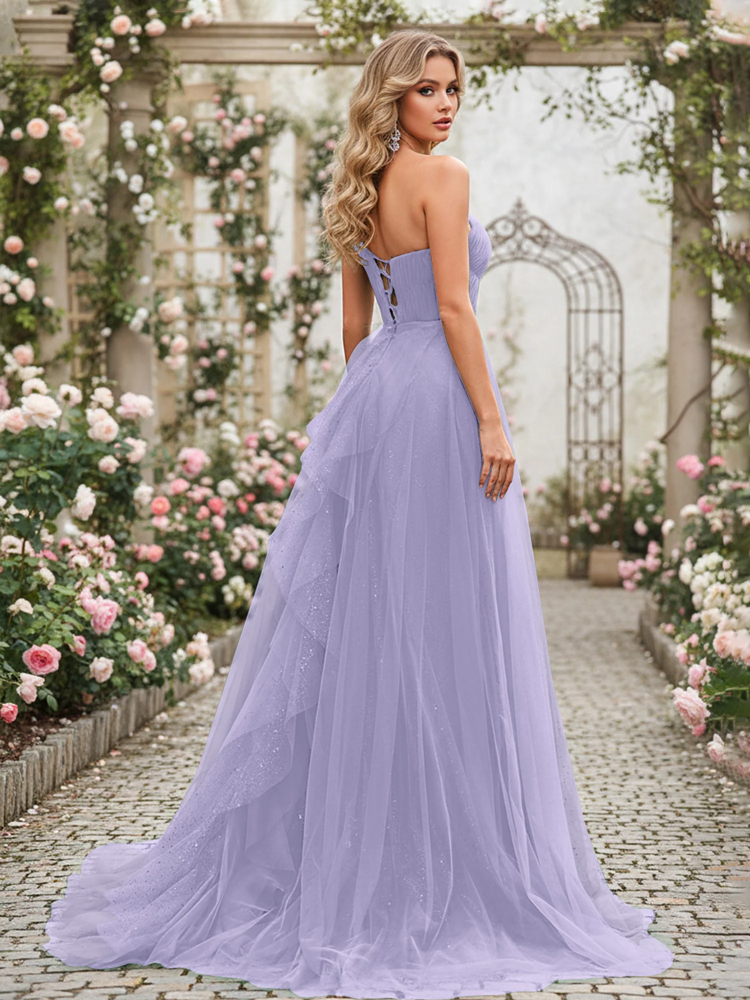 Sparkling Tulle A-Line Gown with Cascading Ruffles Lavender - Image 2