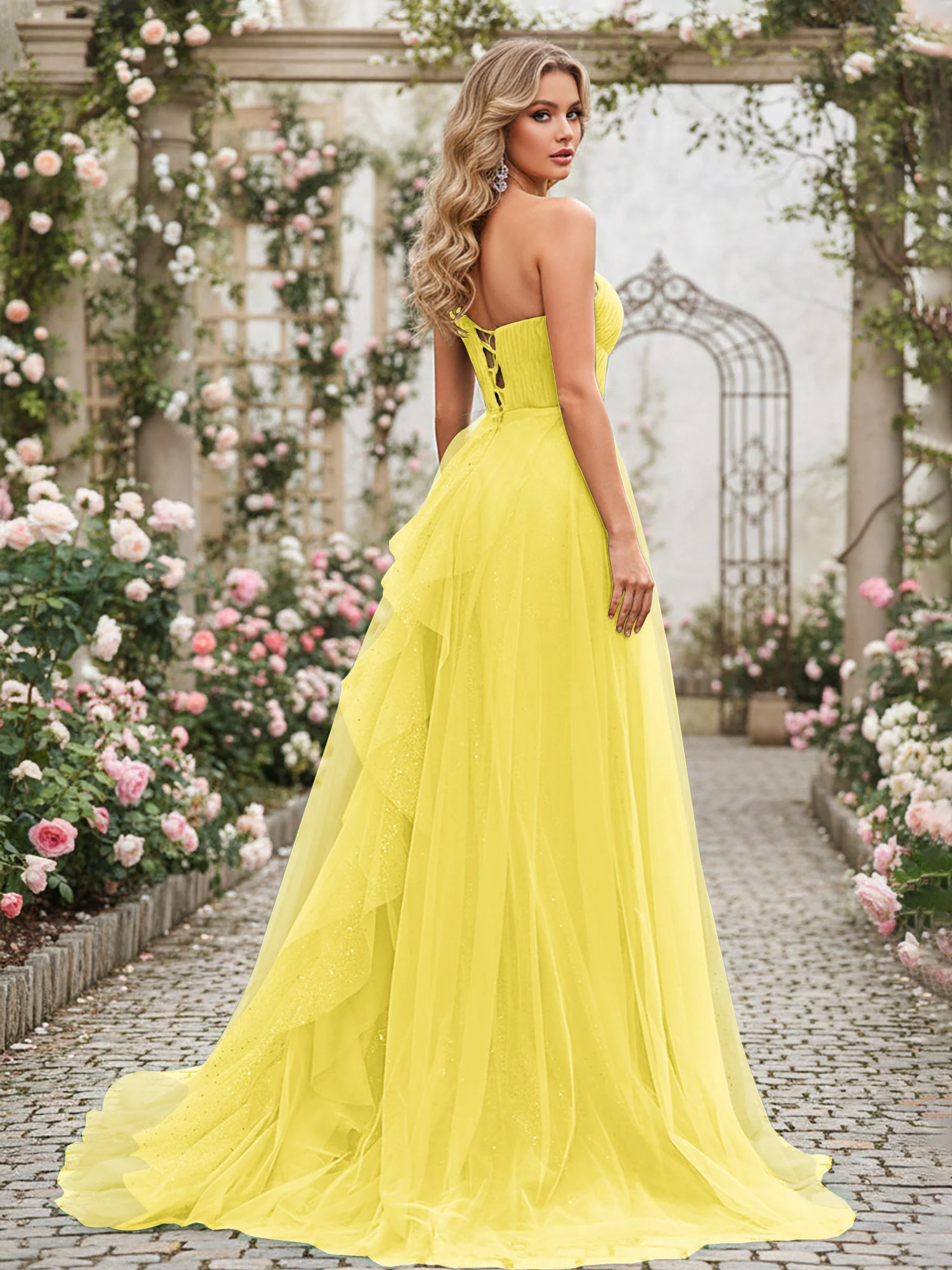 Sparkling Tulle A-Line Gown with Cascading Ruffles Lemon - Image 2