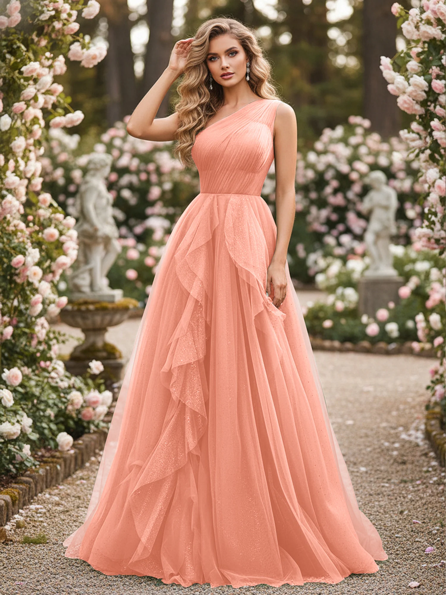 Sparkling Tulle A-Line Gown with Cascading Ruffles Papaya