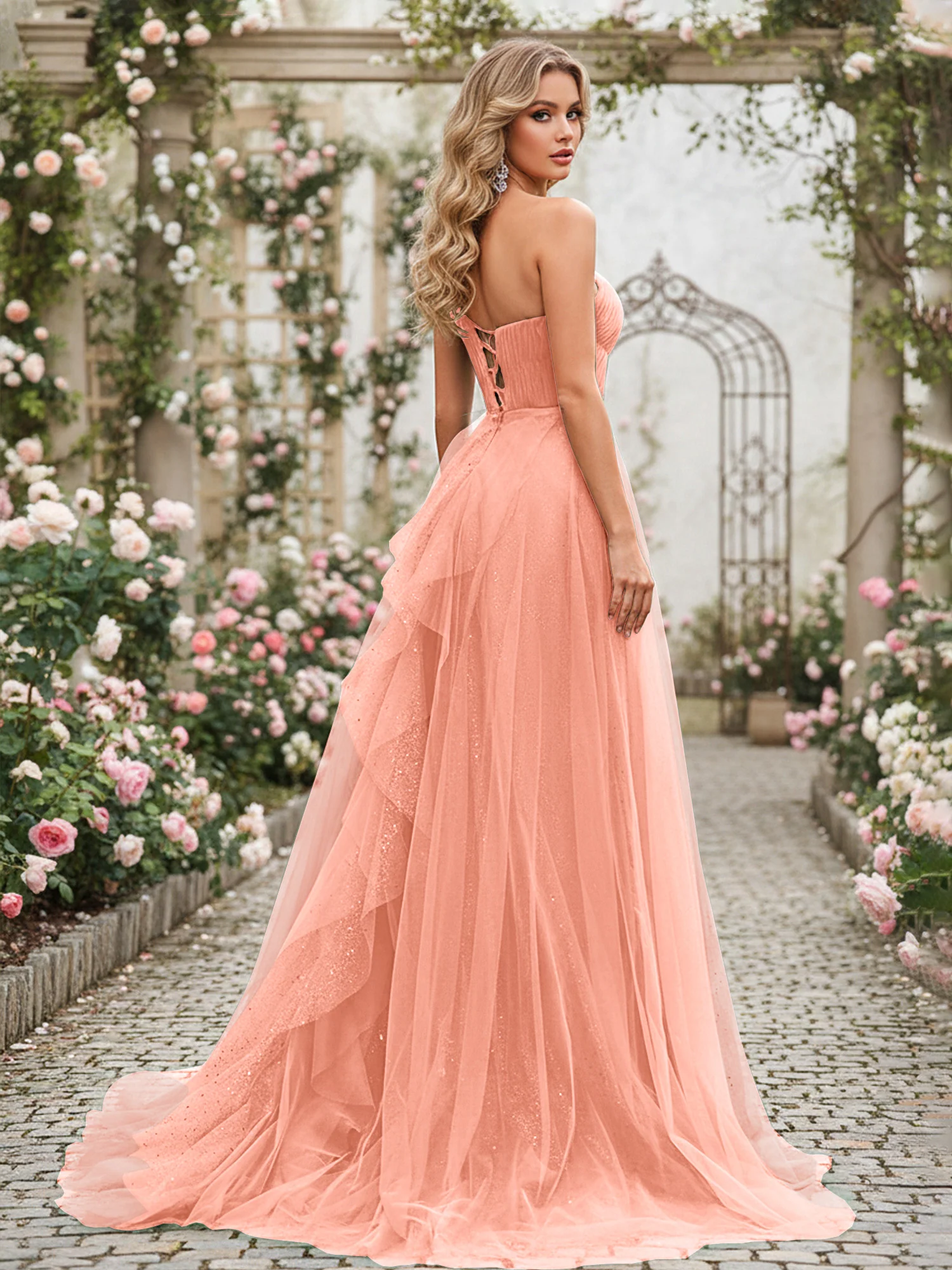 Sparkling Tulle A-Line Gown with Cascading Ruffles Papaya - Image 2