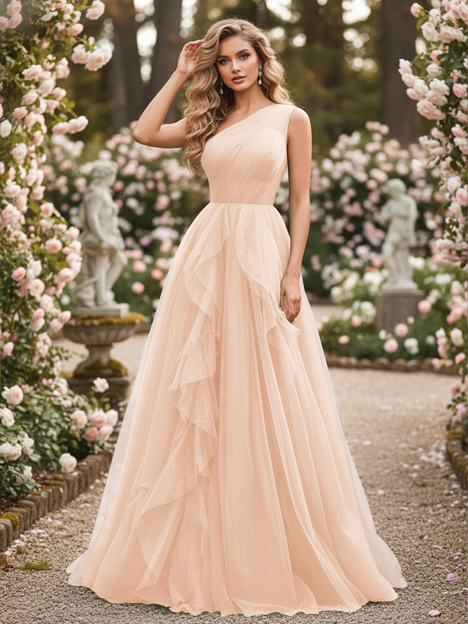 Sparkling Tulle A-Line Gown with Cascading Ruffles Pearl Pink