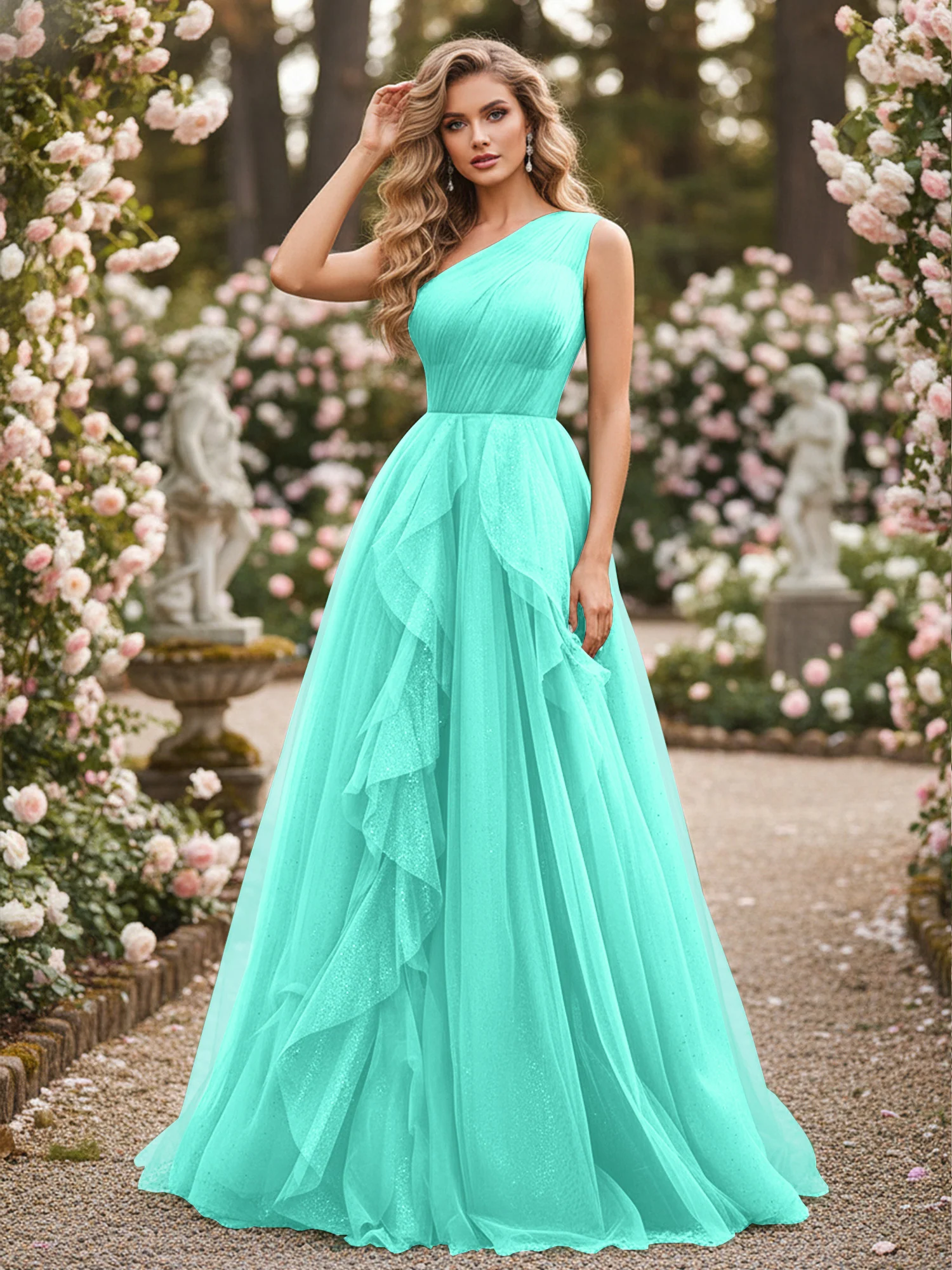 Sparkling Tulle A-Line Gown with Cascading Ruffles Spa